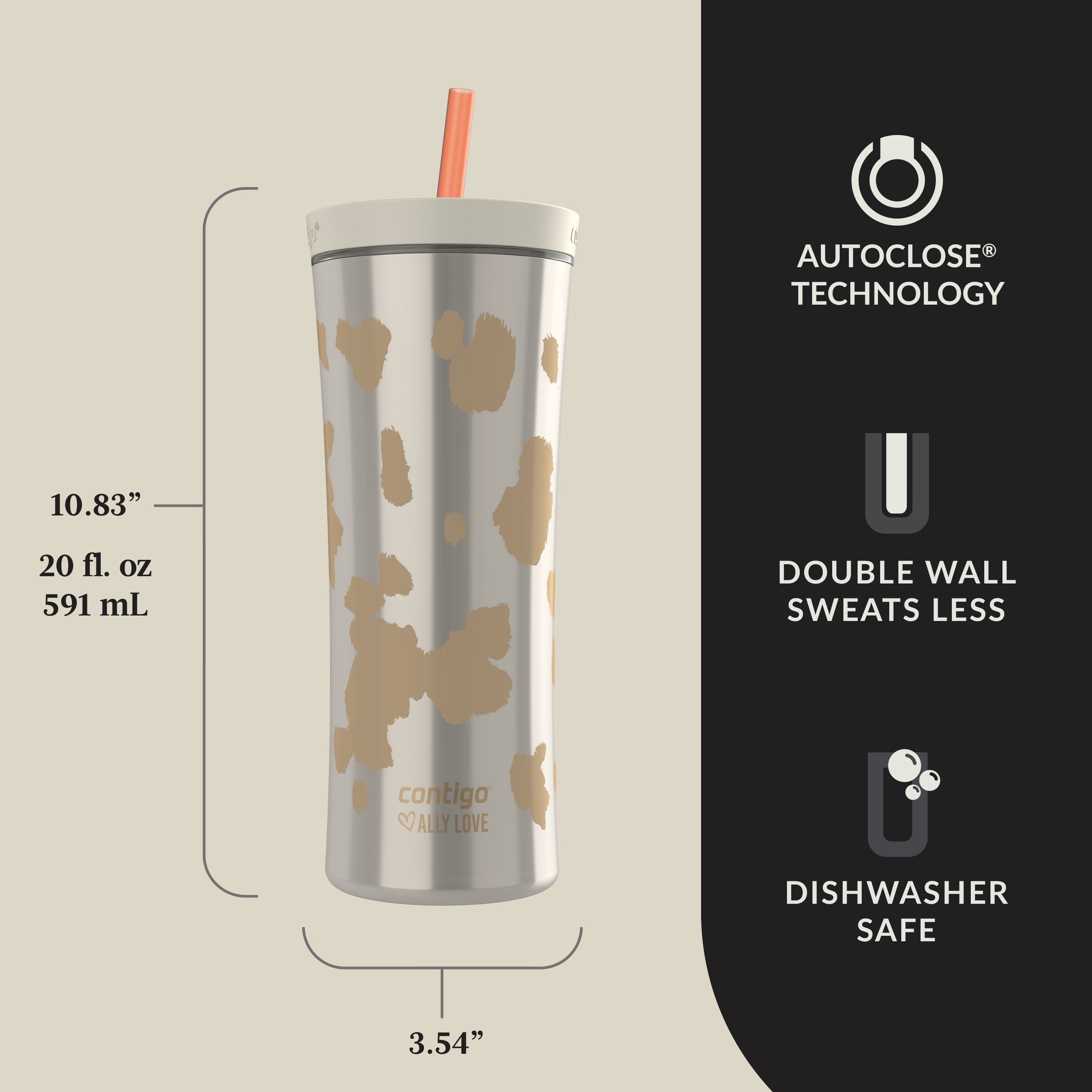 Contigo 20oz Shake &amp; Go Tumbler, Plastic with Straw, Oatmilk Cowhide Couture M120W
