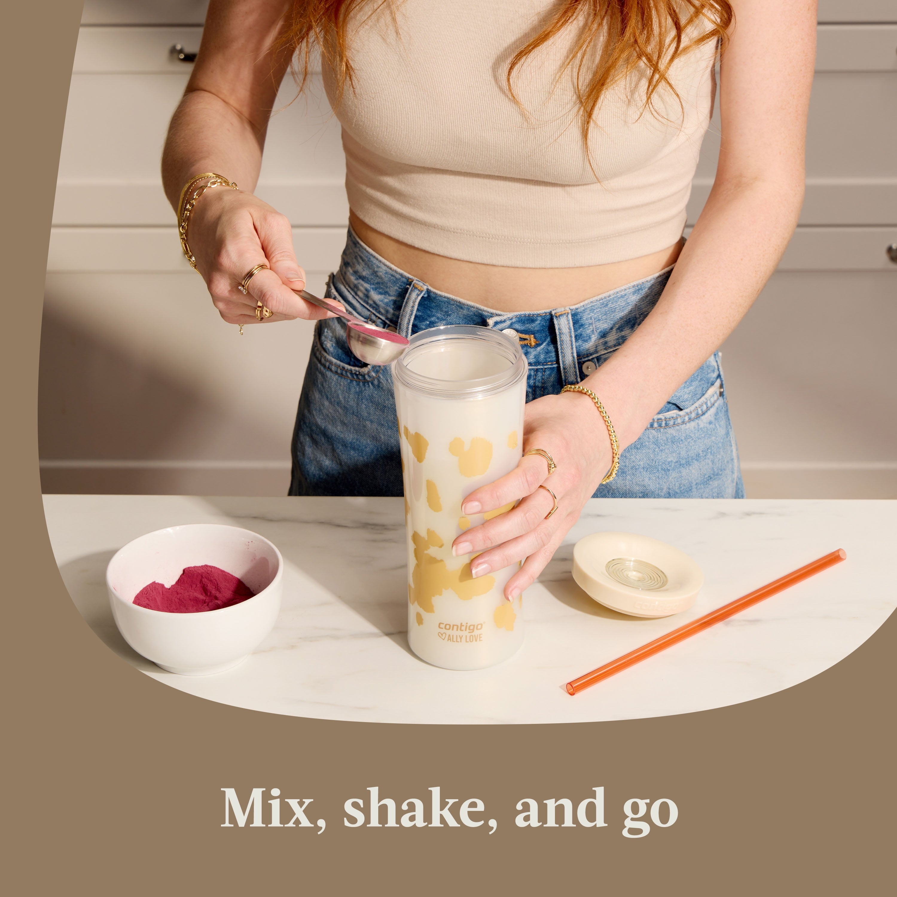 Contigo 20oz Shake &amp; Go Tumbler, Plastic with Straw, Oatmilk Cowhide Couture M120W