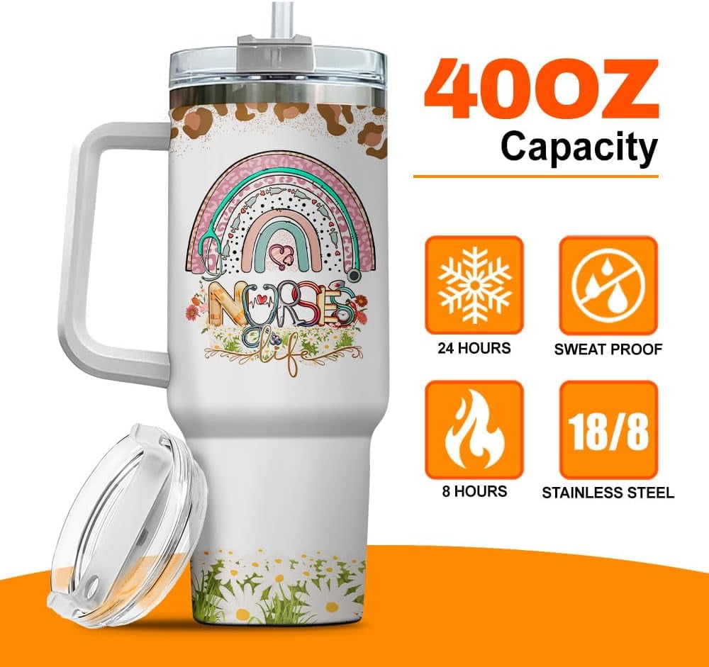 Tumbler 40 Oz With Handle Lid And Straw, Nurse Gifts, Black Camo White Engraved Print Travel Nurses Tumblers Handle Funny Cups Nursing For, Great Nurse Rainbow Daisy Flower M683Y