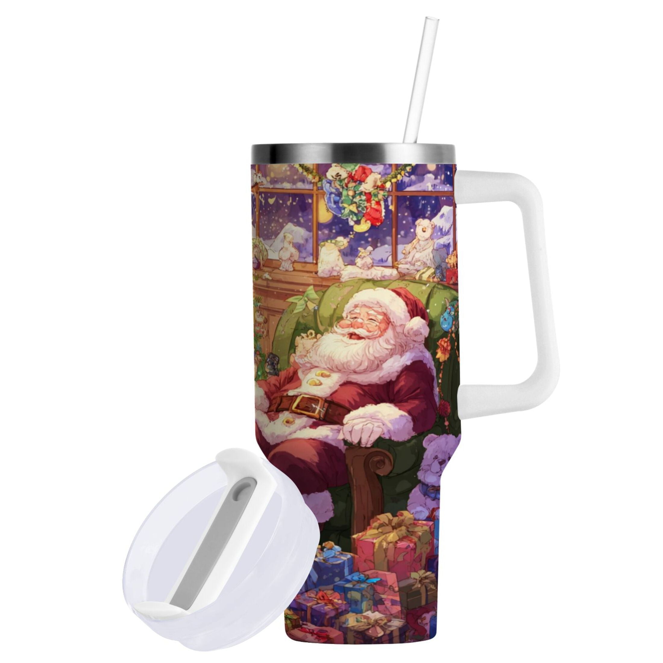 40 oz Insulated Stainless Steel Tumbler Double Wall Stainless Steel Tumbler with 2-Way Drinking Festive Christmas Scene M575A