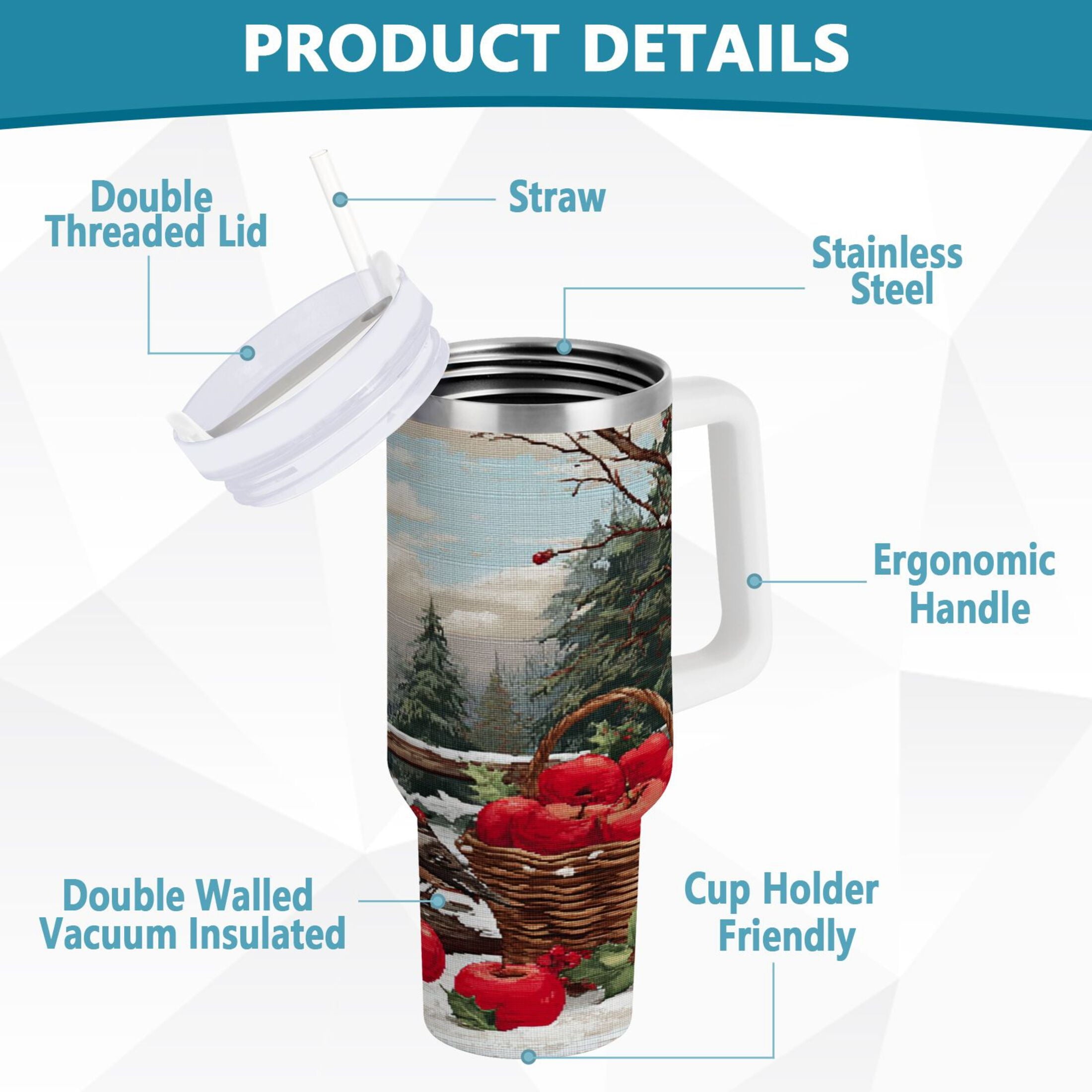 30 oz Insulated Stainless Steel Tumbler Double Wall Stainless Steel Tumbler with 2-Way Drinking Apples and Baskets M529T
