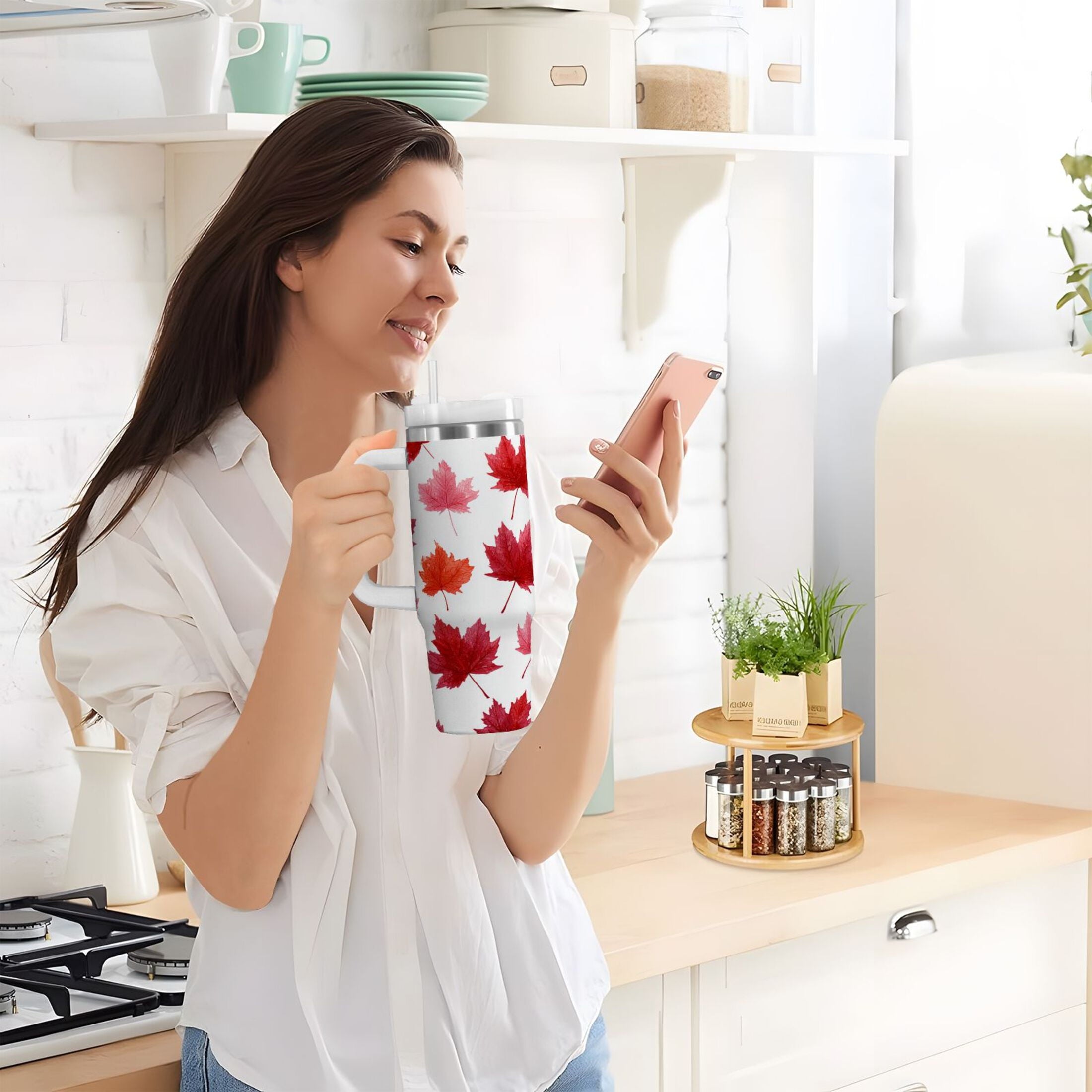30 oz Insulated Stainless Steel Tumbler Double Wall Stainless Steel Tumbler with 2-Way Drinking Vibrant Red Maple Leaves M454M