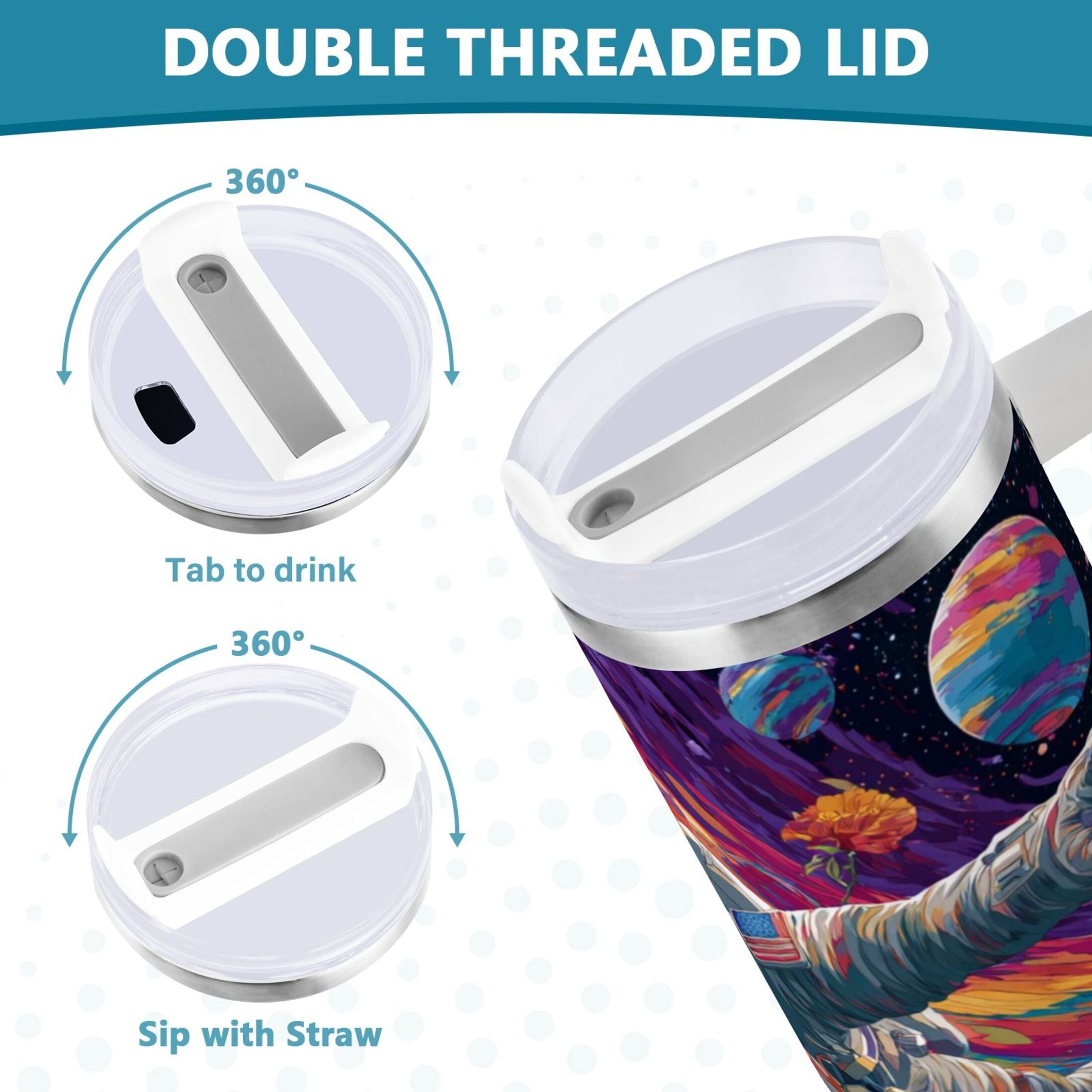 40 oz Insulated Stainless Steel Tumbler Double Wall Stainless Steel Tumbler with 2-Way Drinking Colorful Flowers and Planets M598F