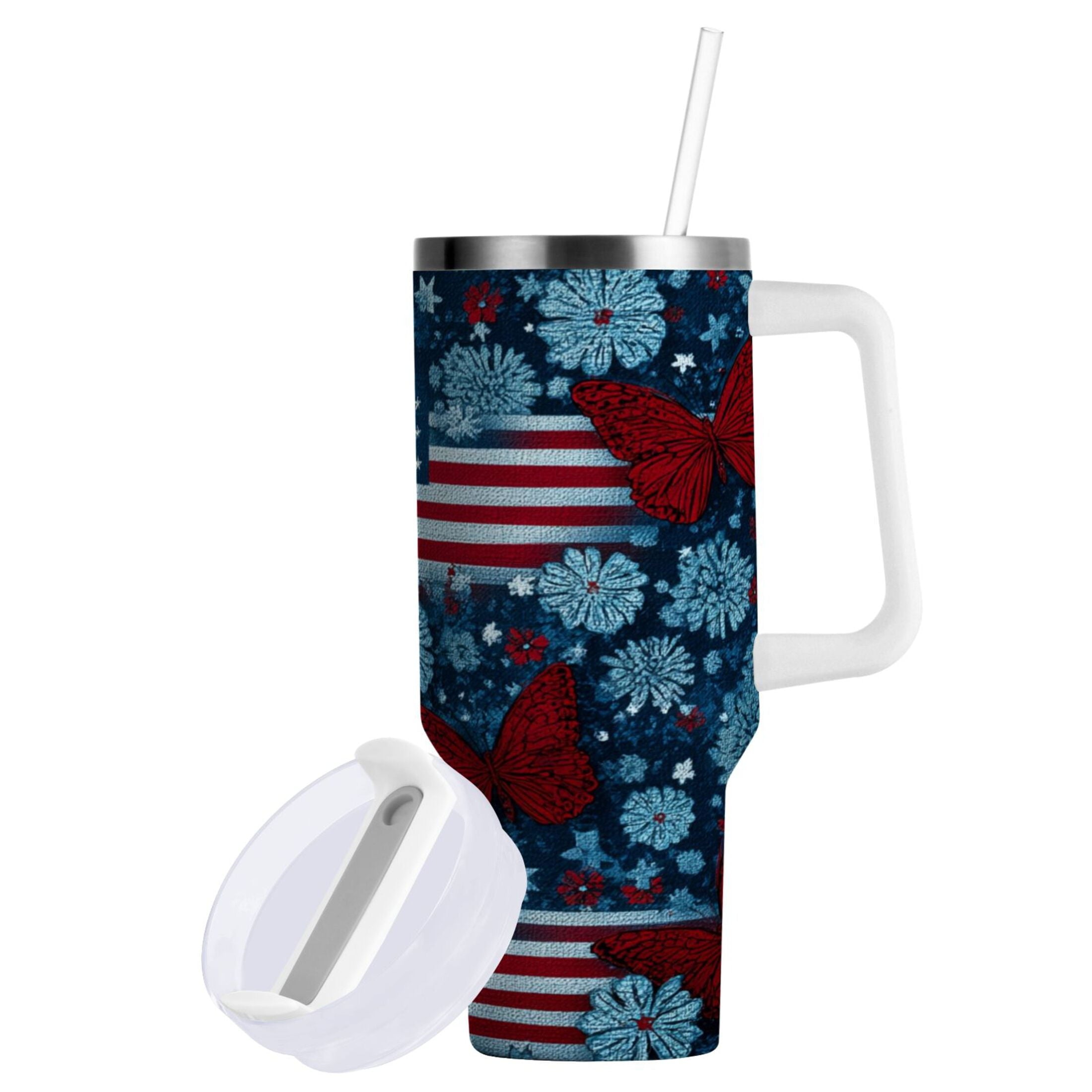 30 oz Insulated Stainless Steel Tumbler Double Wall Stainless Steel Tumbler with 2-Way Drinking Red Butterflies and Flags M621U