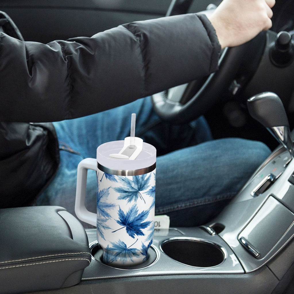 30 oz Insulated Stainless Steel Tumbler Double Wall Stainless Steel Tumbler with 2-Way Drinking Abstract Blue Maple Leaves M581Q