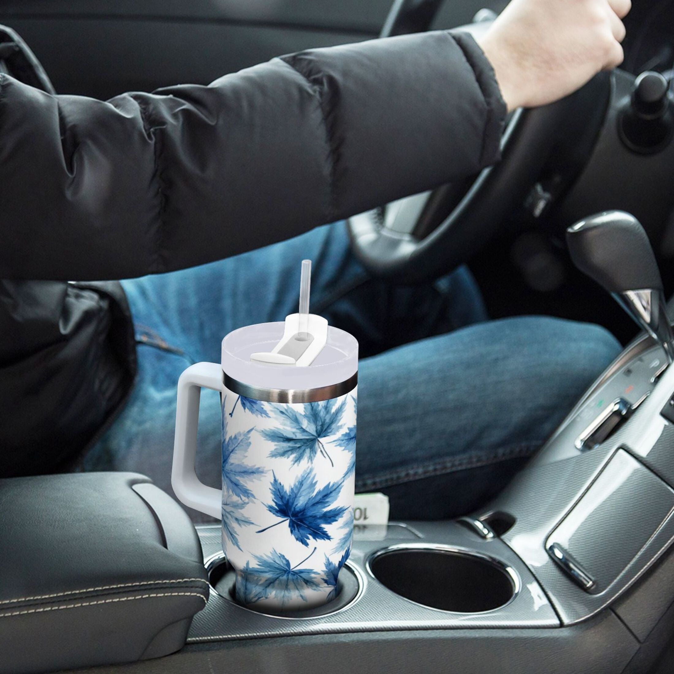 30 oz Insulated Stainless Steel Tumbler Double Wall Stainless Steel Tumbler with 2-Way Drinking Abstract Blue Maple Leaves M581Q