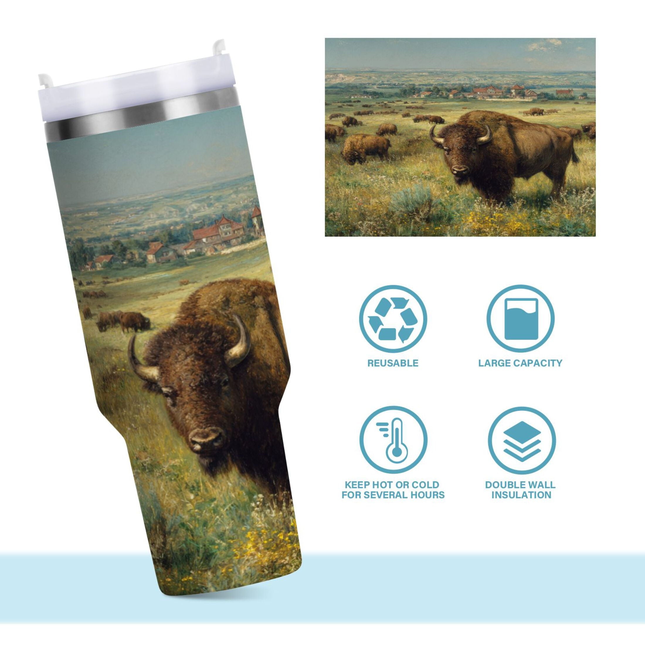 30 oz Insulated Stainless Steel Tumbler Double Wall Stainless Steel Tumbler with 2-Way Drinking Buffalo Herd Oil Painting M660T