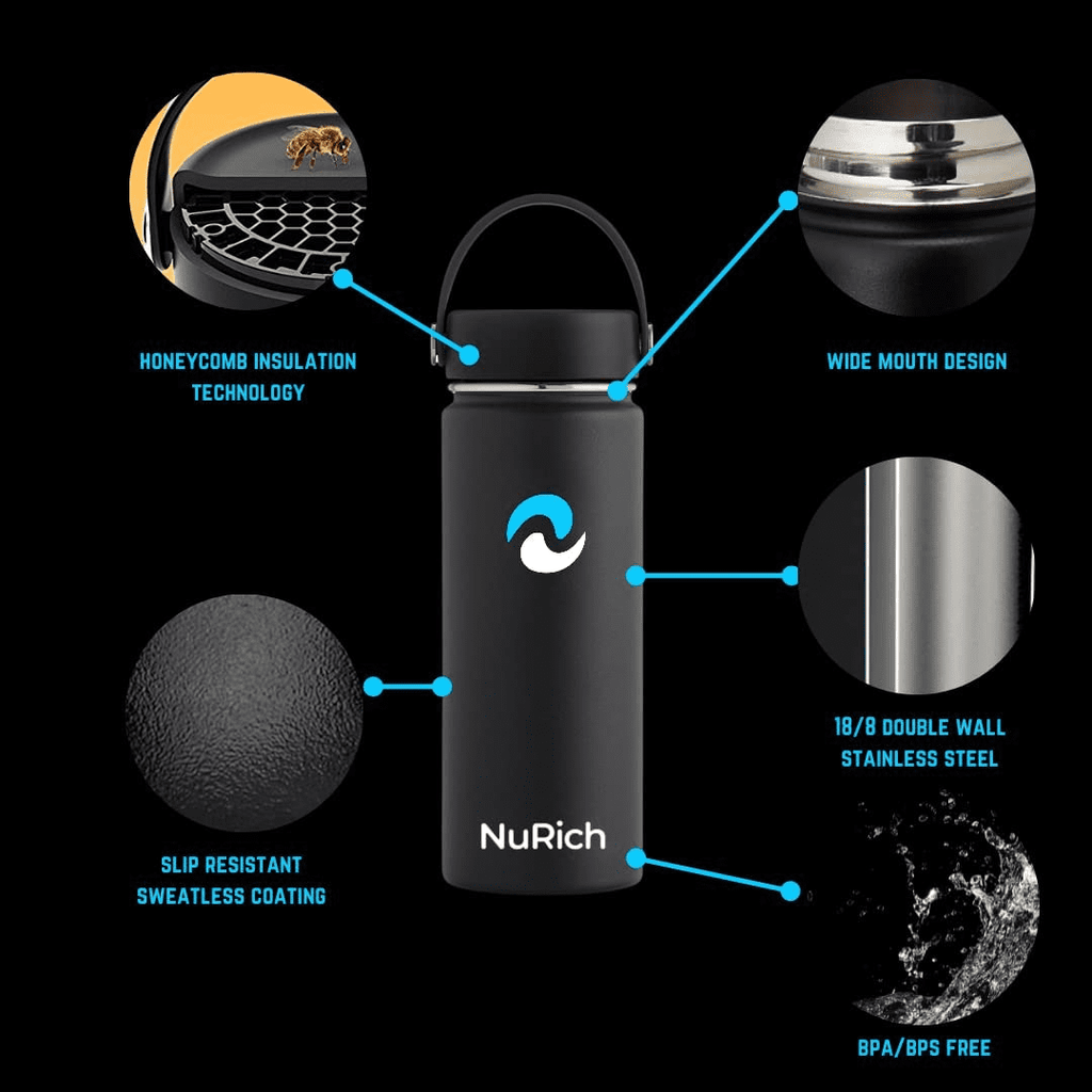 NuRich Sports Water Bottle - 18 Oz, Vacuum Insulated Stainless Steel, Modern Double Walled, Simple Thermo Modern Mug, Hydro Metal Canteen Flask Wide Mouth with Sweat Proof Design for Cold &amp; Hot Temp M684B