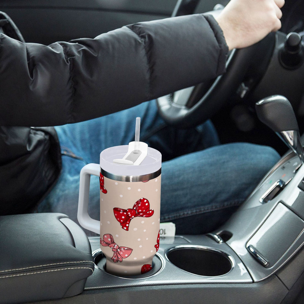 30 oz Insulated Stainless Steel Tumbler Double Wall Stainless Steel Tumbler with 2-Way Drinking Cute Red Bows Pattern M541Y
