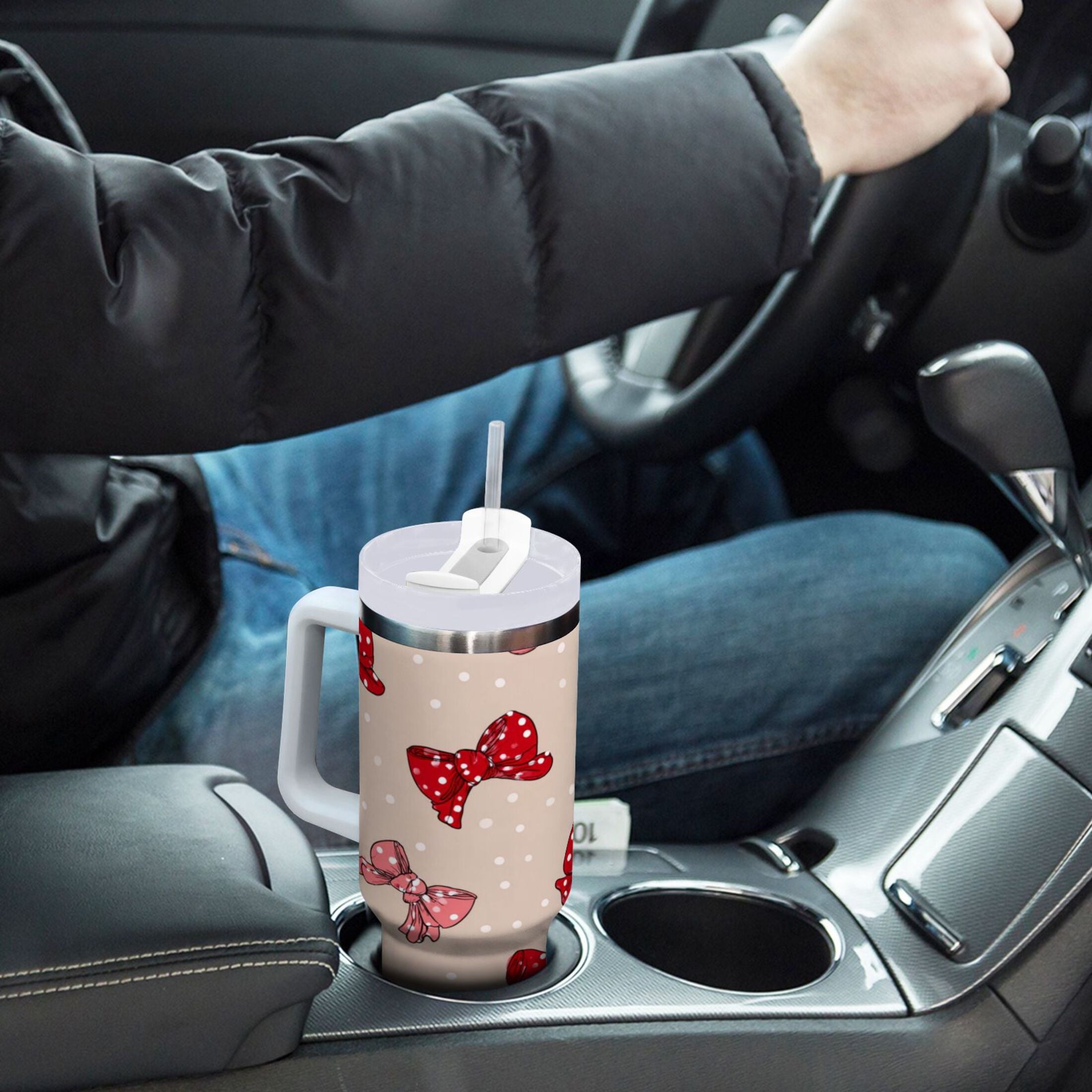 30 oz Insulated Stainless Steel Tumbler Double Wall Stainless Steel Tumbler with 2-Way Drinking Cute Red Bows Pattern M541Y