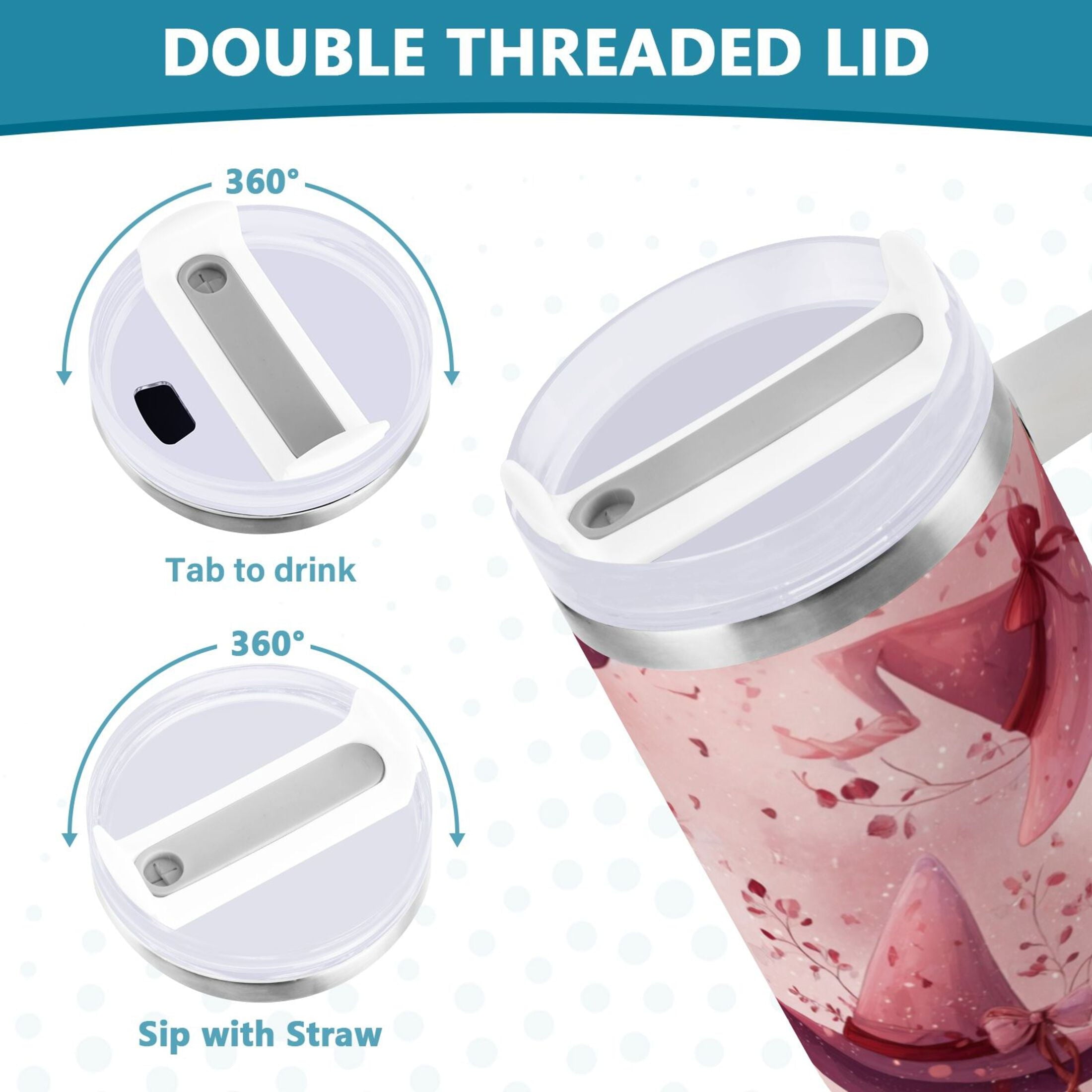 30 oz Insulated Stainless Steel Tumbler Double Wall Stainless Steel Tumbler with 2-Way Drinking Hats with Delicate Bows M679V