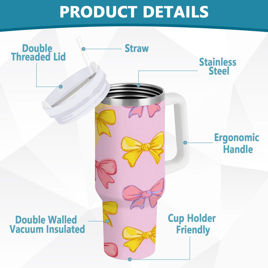 30 oz Insulated Stainless Steel Tumbler Double Wall Stainless Steel Tumbler with 2-Way Drinking Yellow and Pink Bows M566J
