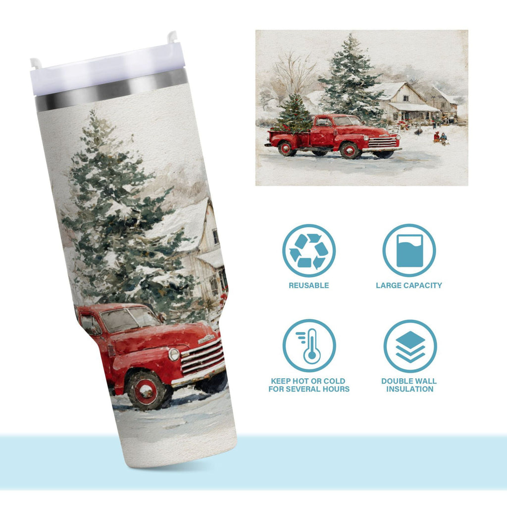 30 oz Insulated Stainless Steel Tumbler Double Wall Stainless Steel Tumbler with 2-Way Drinking Truck with Christmas Decorations M657X