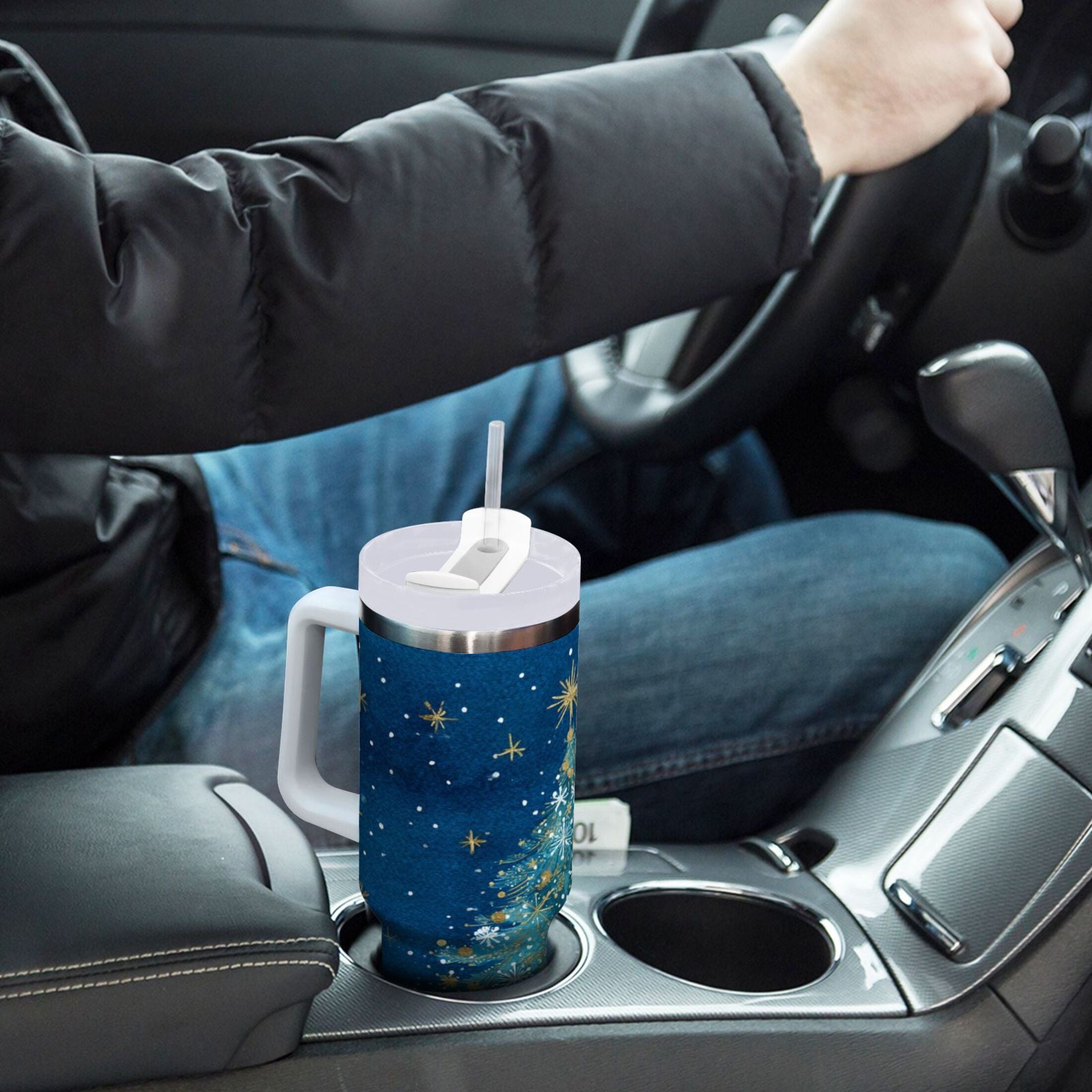 40 oz Insulated Stainless Steel Tumbler Double Wall Stainless Steel Tumbler with 2-Way Drinking Watercolor Christmas Tree M597Z