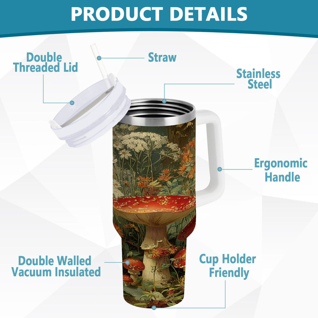 40 oz Insulated Stainless Steel Tumbler Double Wall Stainless Steel Tumbler with 2-Way Drinking Red Mushrooms M505K