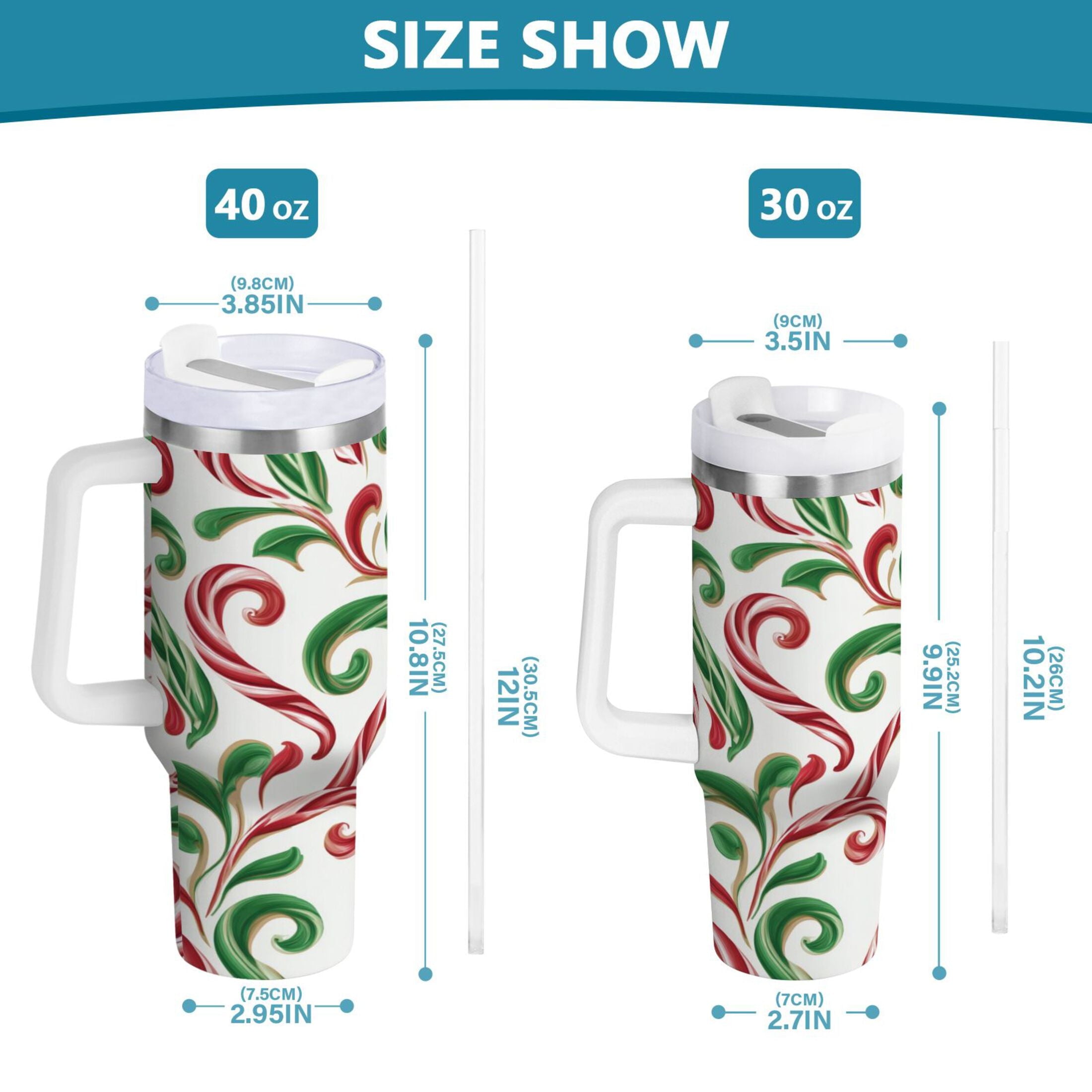 40 oz Insulated Stainless Steel Tumbler Double Wall Stainless Steel Tumbler with 2-Way Drinking Red and Green Candy-cane M573J