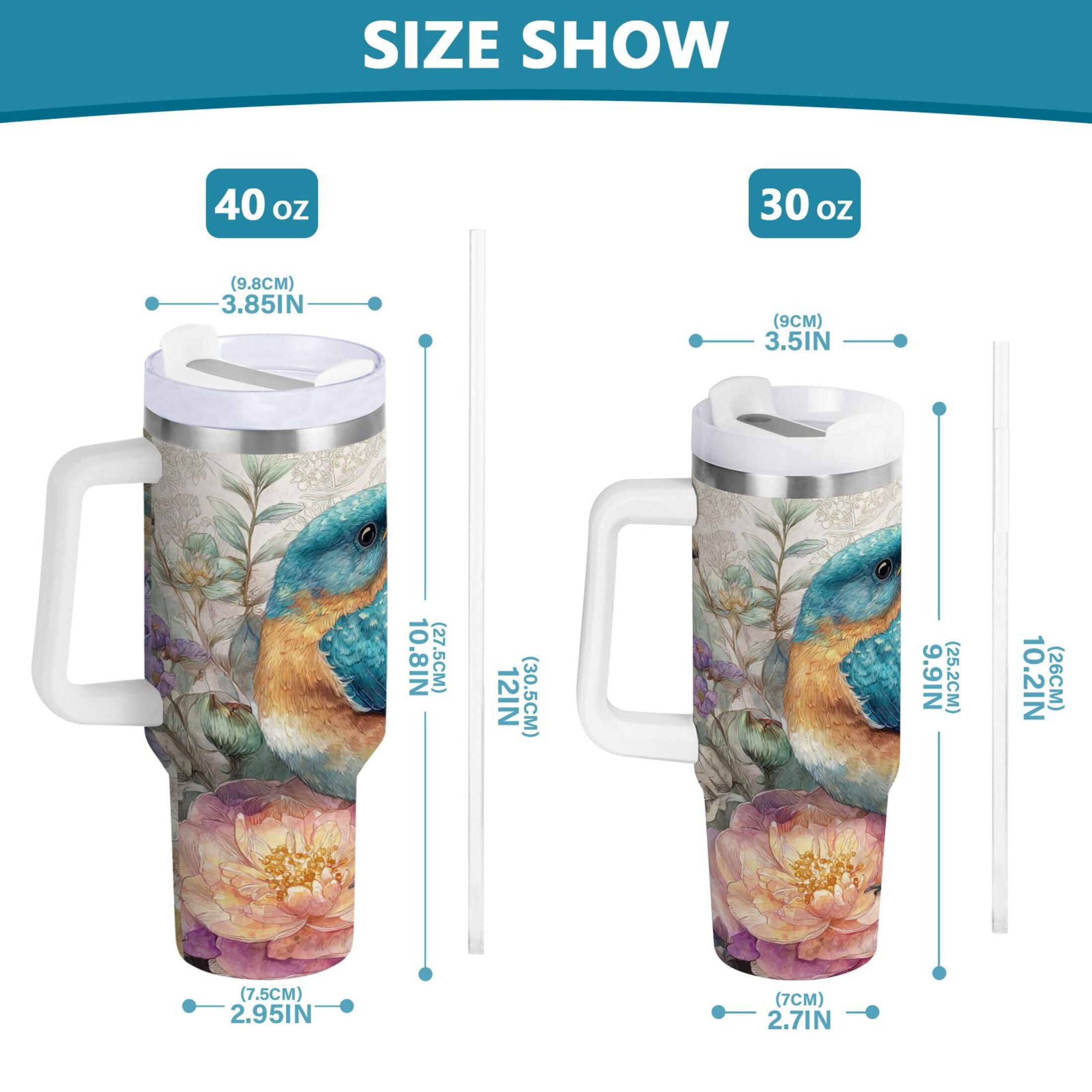 30 oz Insulated Stainless Steel Tumbler Double Wall Stainless Steel Tumbler with 2-Way Drinking Bluebird and Flower M538M