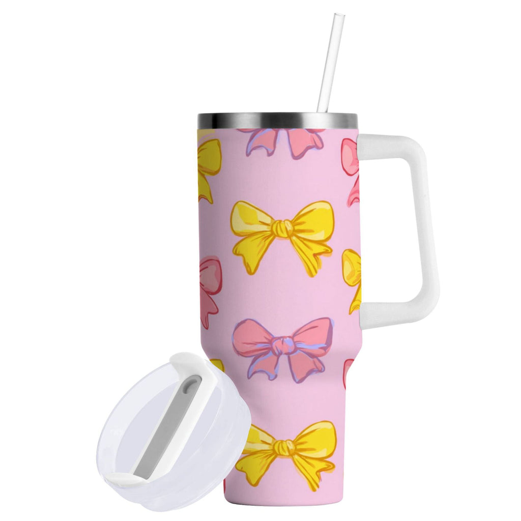 30 oz Insulated Stainless Steel Tumbler Double Wall Stainless Steel Tumbler with 2-Way Drinking Yellow and Pink Bows M566J