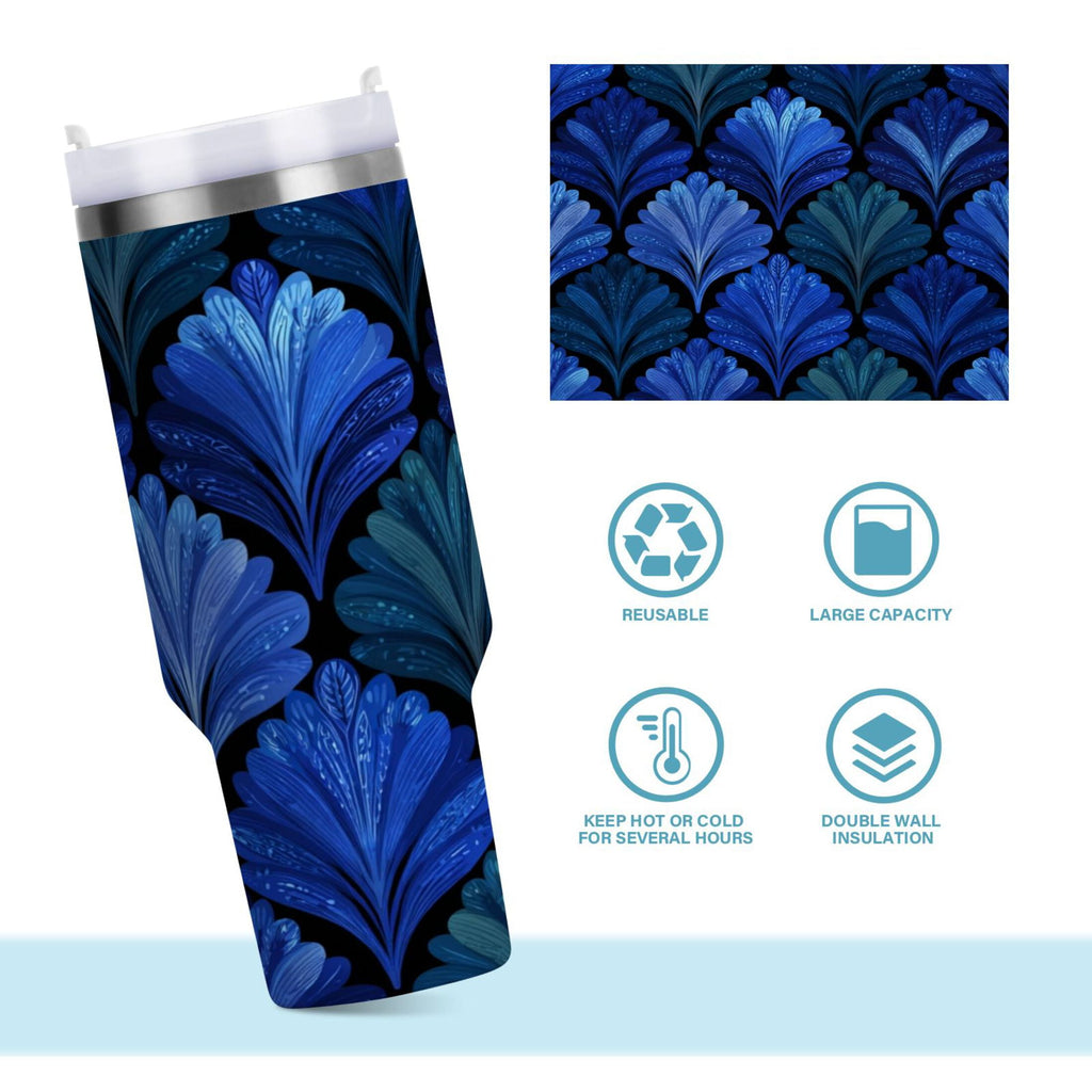 30 oz Insulated Stainless Steel Tumbler Double Wall Stainless Steel Tumbler with 2-Way Drinking Blue Batik Leaves Pattern M525X