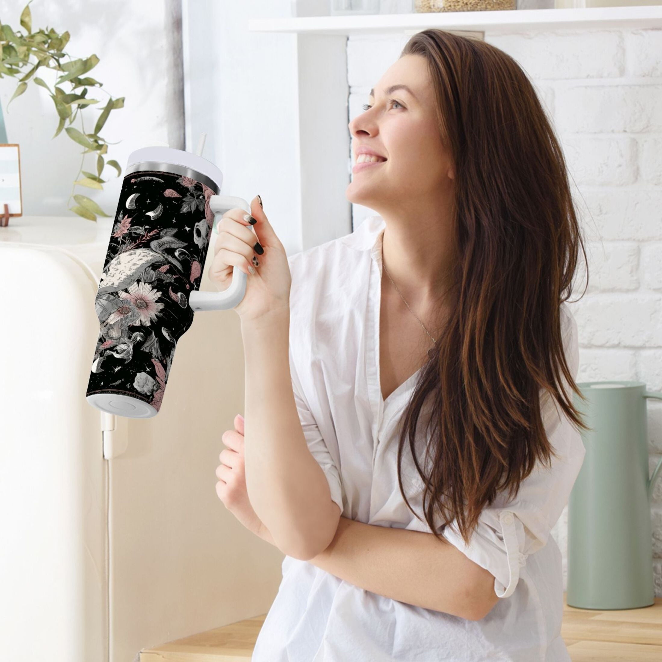 40 oz Insulated Stainless Steel Tumbler Double Wall Stainless Steel Tumbler with 2-Way Drinking Butterfly Surrounded by Flowers M640R