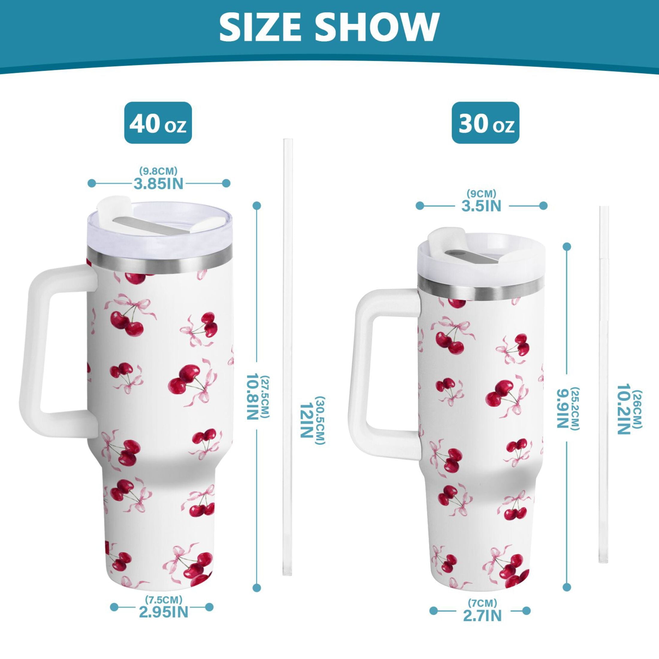 30 oz Insulated Stainless Steel Tumbler Double Wall Stainless Steel Tumbler with 2-Way Drinking Watercolor Cherries Pattern M604L