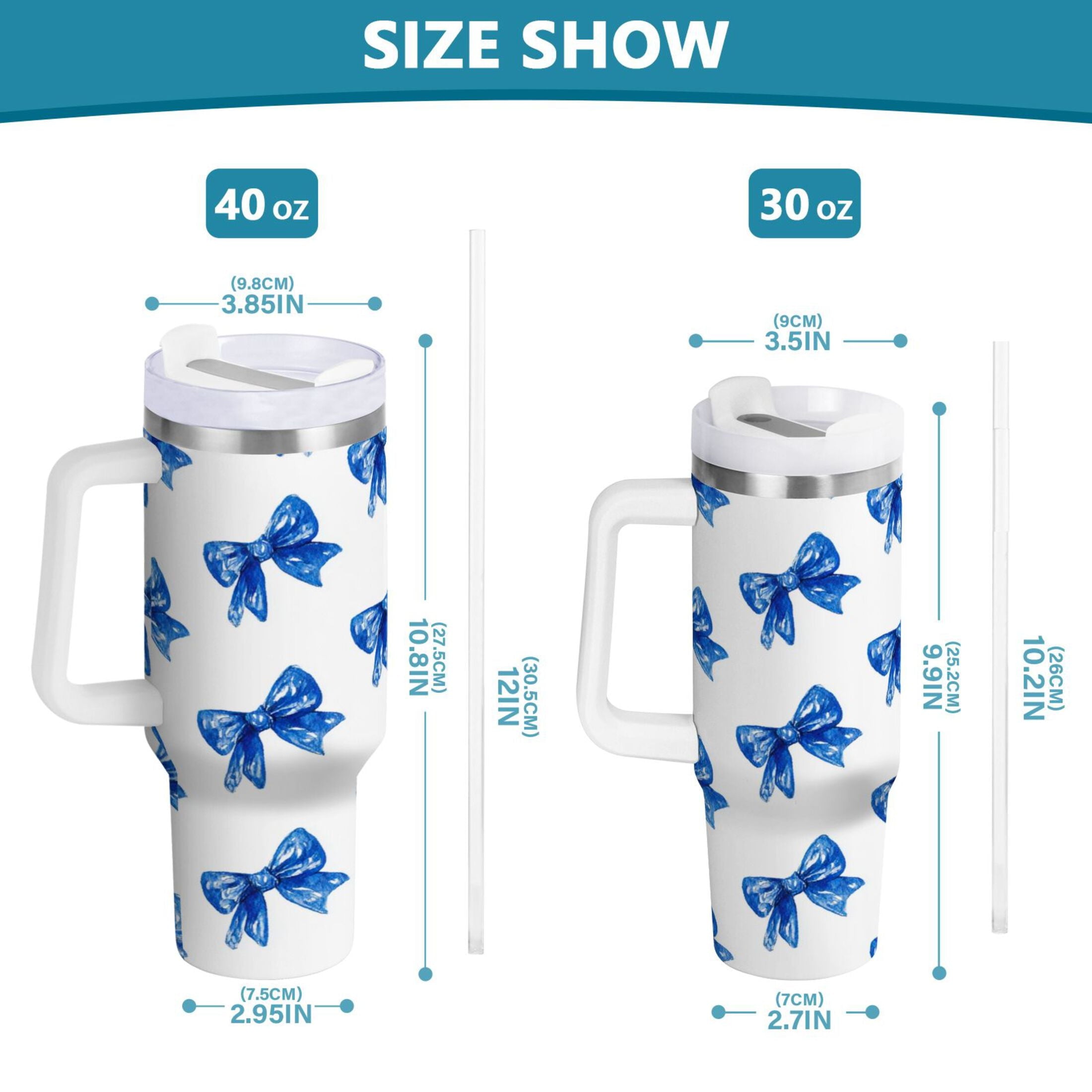 30 oz Insulated Stainless Steel Tumbler Double Wall Stainless Steel Tumbler with 2-Way Drinking Blue Bows Pattern M620T