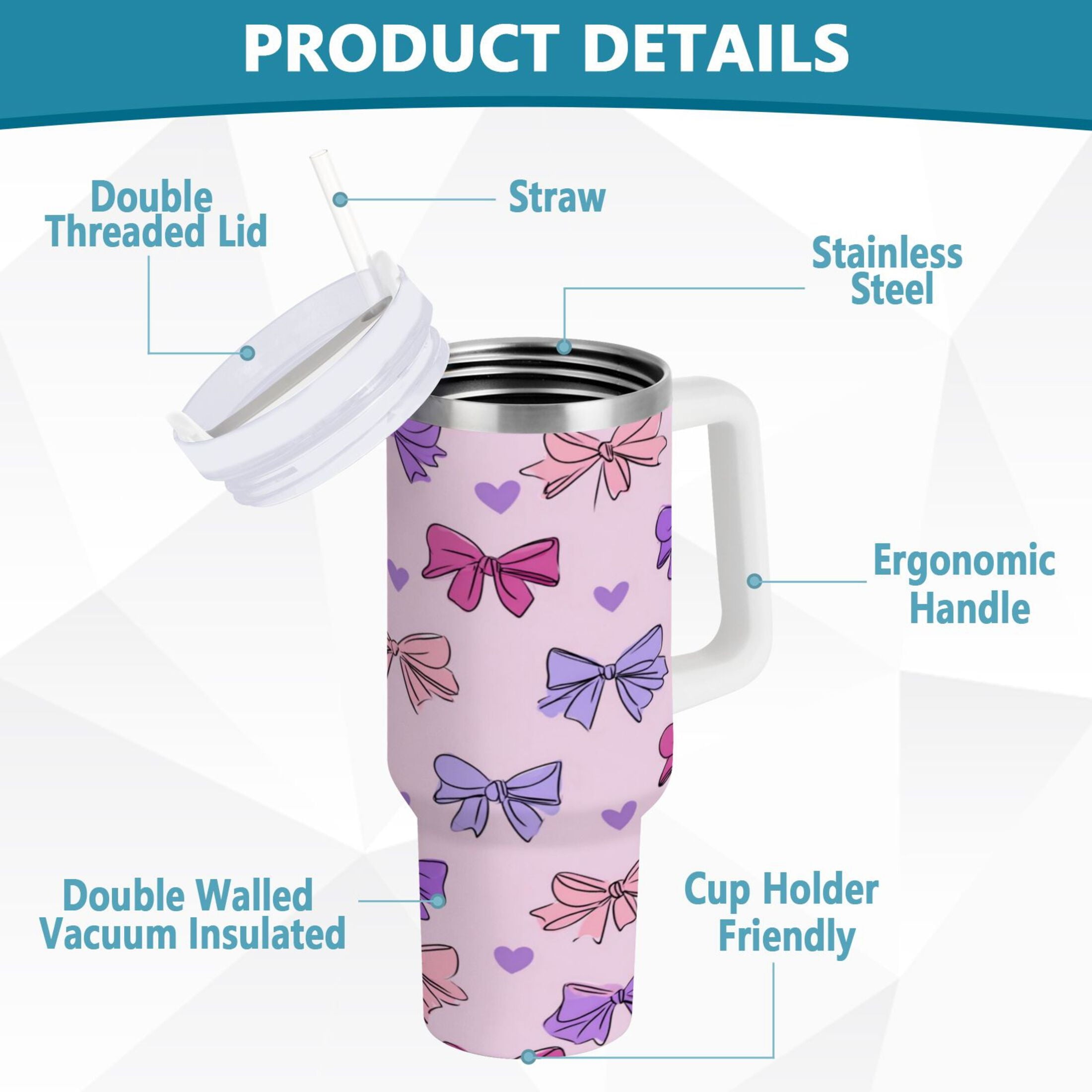 30 oz Insulated Stainless Steel Tumbler Double Wall Stainless Steel Tumbler with 2-Way Drinking Bows and Heart Pattern M422W