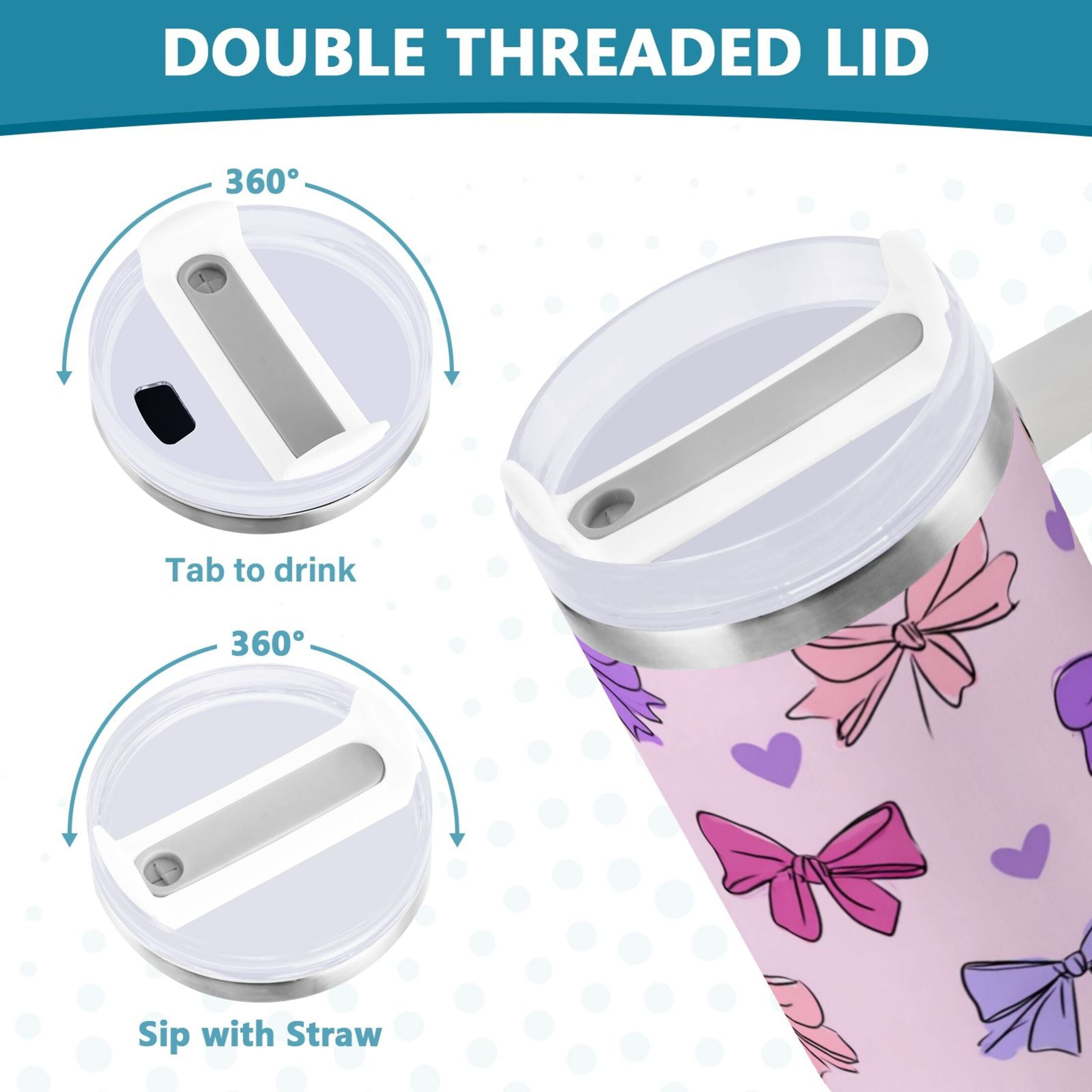 30 oz Insulated Stainless Steel Tumbler Double Wall Stainless Steel Tumbler with 2-Way Drinking Bows and Heart Pattern M422W