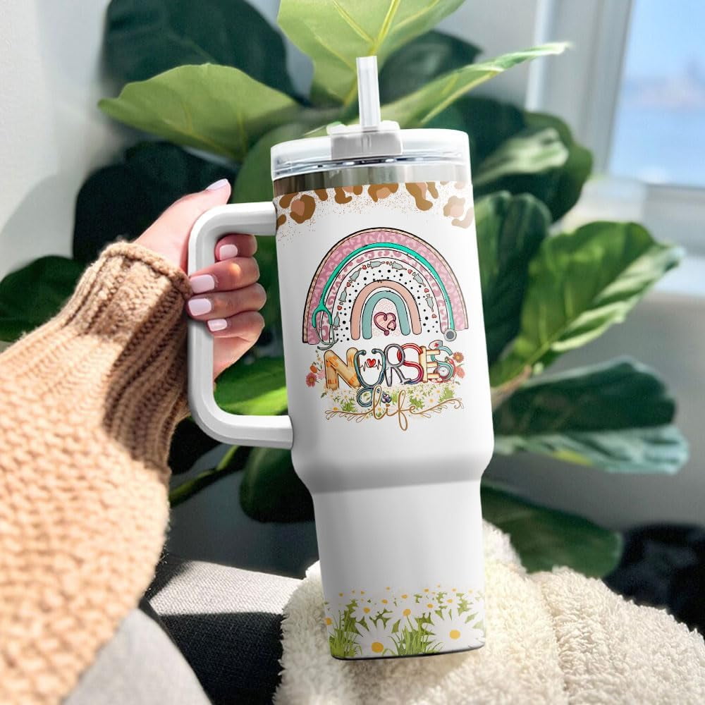 Tumbler 40 Oz With Handle Lid And Straw, Nurse Gifts, Black Camo White Engraved Print Travel Nurses Tumblers Handle Funny Cups Nursing For, Great Nurse Rainbow Daisy Flower M683Y