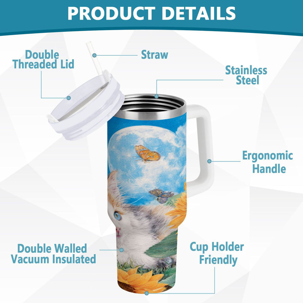 40 oz Insulated Stainless Steel Tumbler Double Wall Stainless Steel Tumbler with 2-Way Drinking Playful Cat Lying Sunflowers M549J
