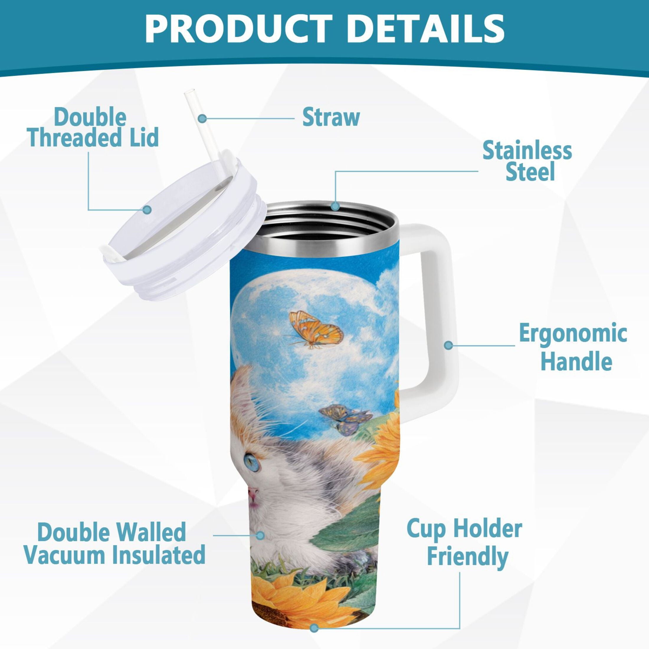 40 oz Insulated Stainless Steel Tumbler Double Wall Stainless Steel Tumbler with 2-Way Drinking Playful Cat Lying Sunflowers M549J