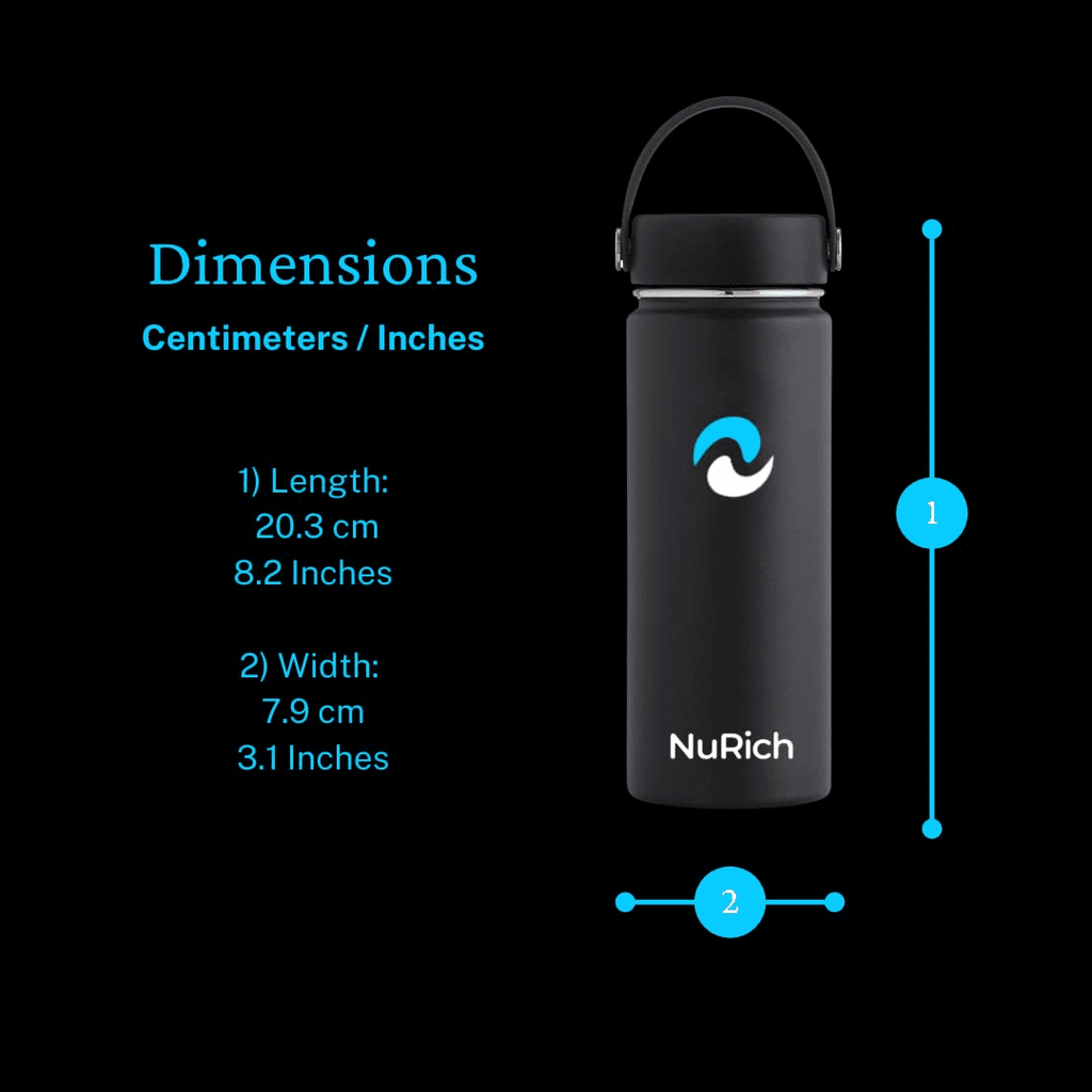 NuRich Sports Water Bottle - 18 Oz, Vacuum Insulated Stainless Steel, Modern Double Walled, Simple Thermo Modern Mug, Hydro Metal Canteen Flask Wide Mouth with Sweat Proof Design for Cold &amp; Hot Temp M684B