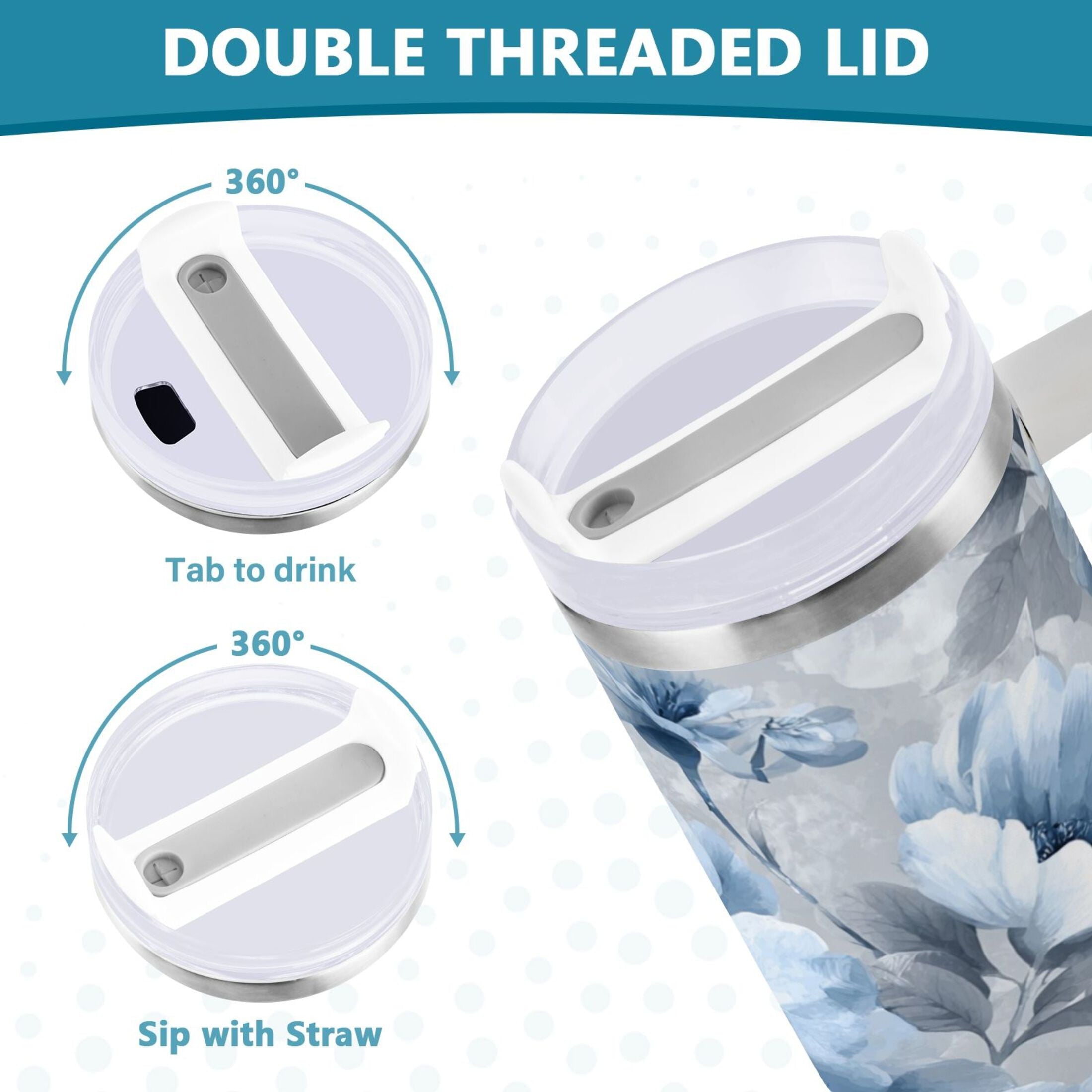 40 oz Insulated Stainless Steel Tumbler Double Wall Stainless Steel Tumbler with 2-Way Drinking White Floral Pattern M584E