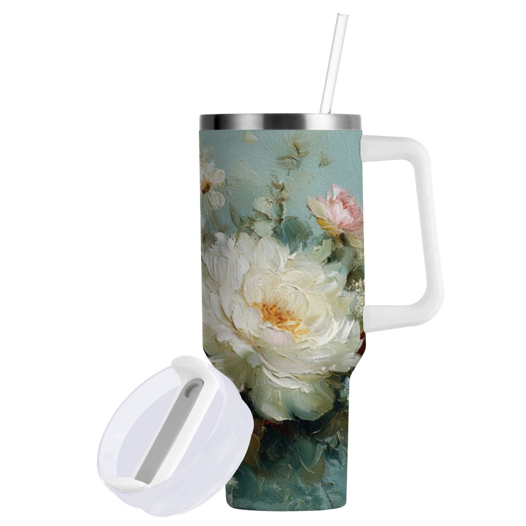 40 oz Insulated Stainless Steel Tumbler Double Wall Stainless Steel Tumbler with 2-Way Drinking Vintage Peonies and Daisies M677X