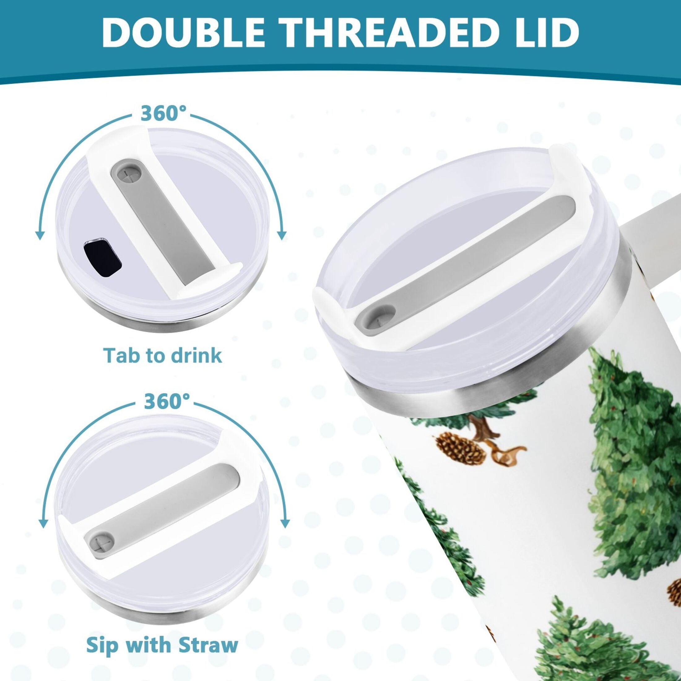 30 oz Insulated Stainless Steel Tumbler Double Wall Stainless Steel Tumbler with 2-Way Drinking Watercolor Green Christmas Tree M533W