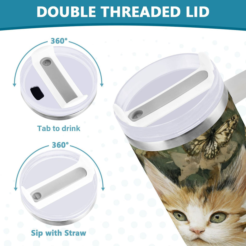 30 oz Insulated Stainless Steel Tumbler Double Wall Stainless Steel Tumbler with 2-Way Drinking Adorable Cats and Daisies M602D