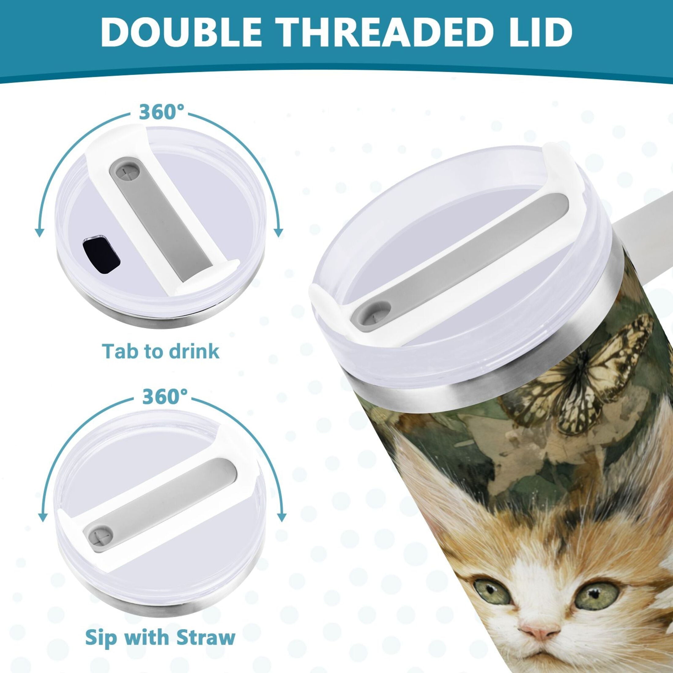 30 oz Insulated Stainless Steel Tumbler Double Wall Stainless Steel Tumbler with 2-Way Drinking Adorable Cats and Daisies M602D