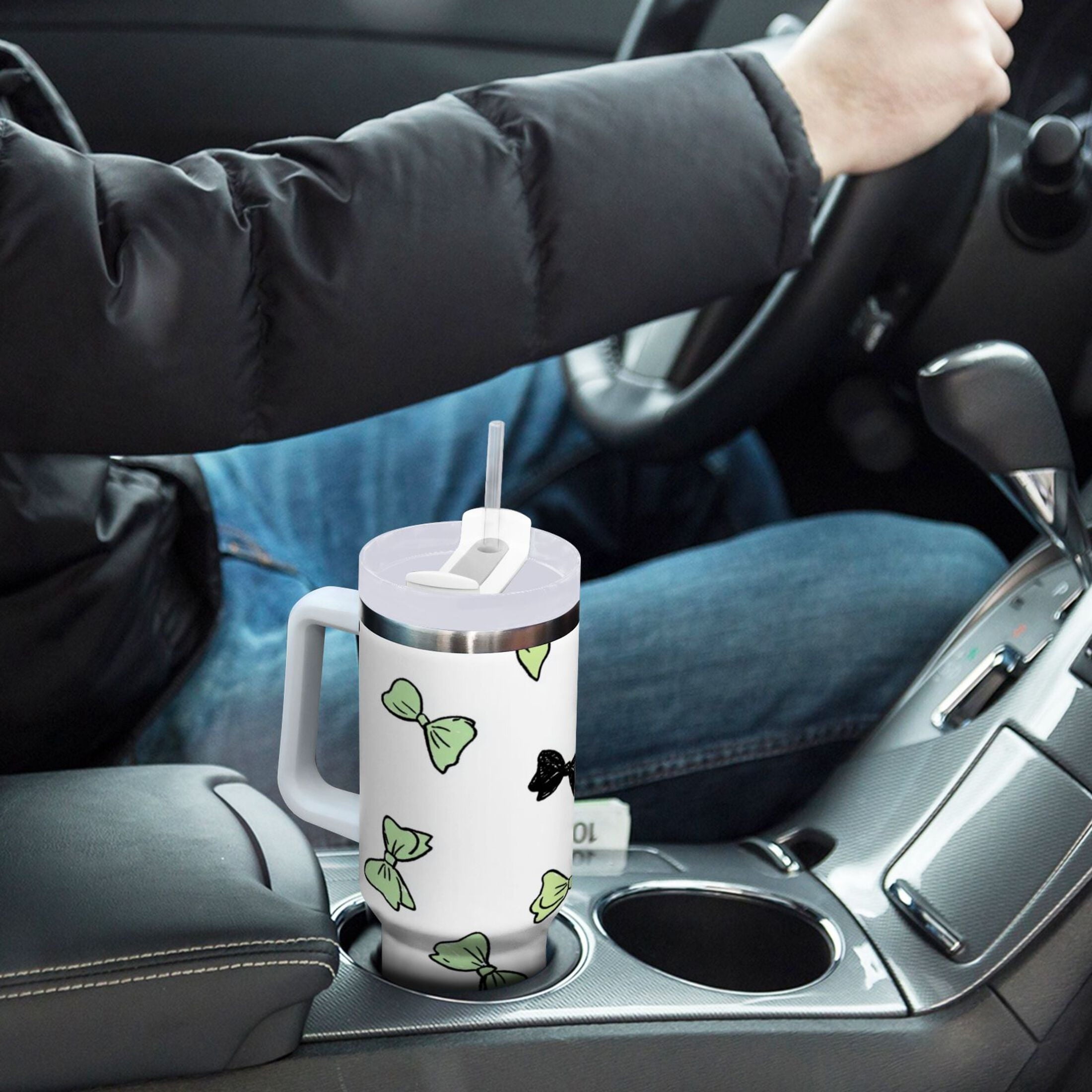 40 oz Insulated Stainless Steel Tumbler Double Wall Stainless Steel Tumbler with 2-Way Drinking Green and Black Bows M553W