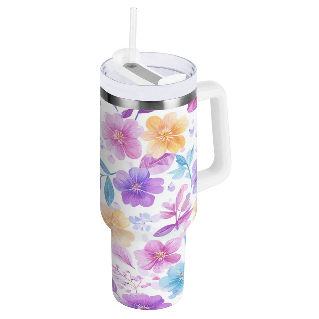 30 oz Insulated Stainless Steel Tumbler Double Wall Stainless Steel Tumbler with 2-Way Drinking Pink and Purple Flowers M424F