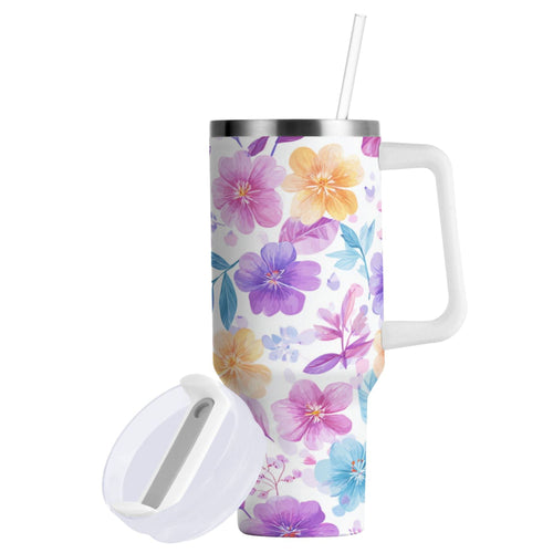 30 oz Insulated Stainless Steel Tumbler Double Wall Stainless Steel Tumbler with 2-Way Drinking Pink and Purple Flowers M424F