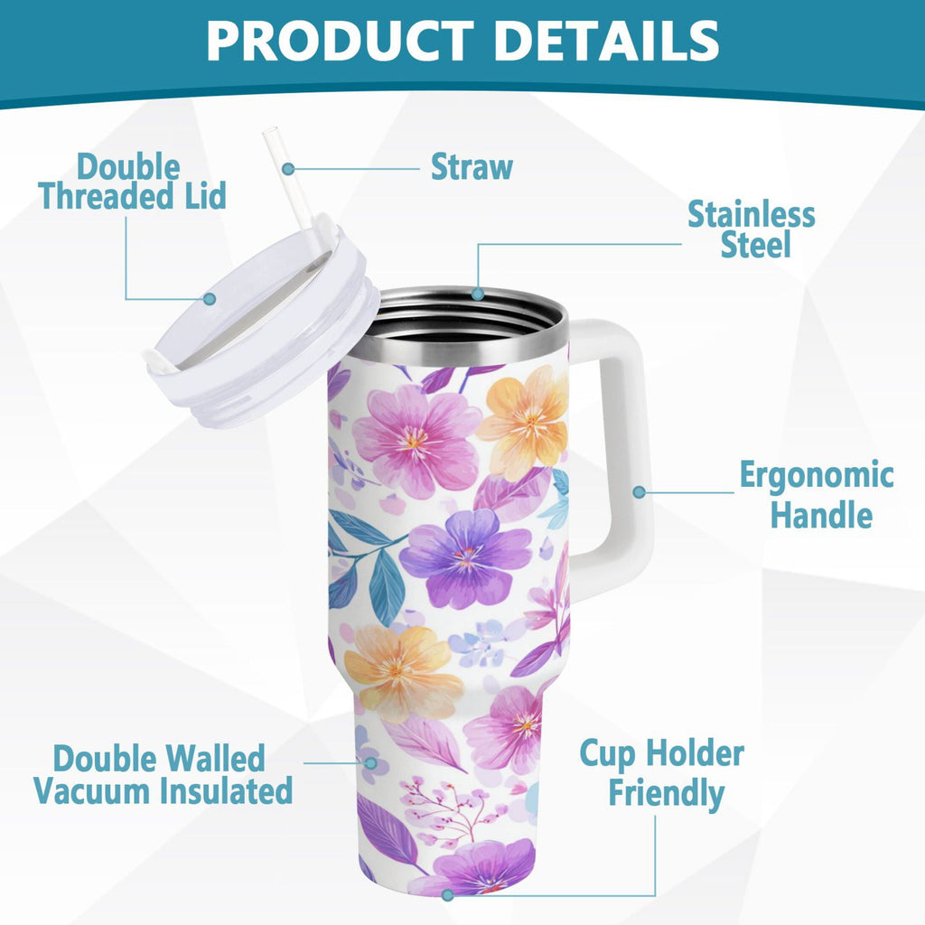 30 oz Insulated Stainless Steel Tumbler Double Wall Stainless Steel Tumbler with 2-Way Drinking Pink and Purple Flowers M424F