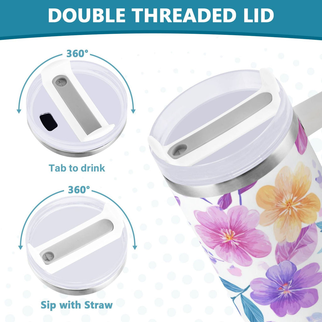 30 oz Insulated Stainless Steel Tumbler Double Wall Stainless Steel Tumbler with 2-Way Drinking Pink and Purple Flowers M424F