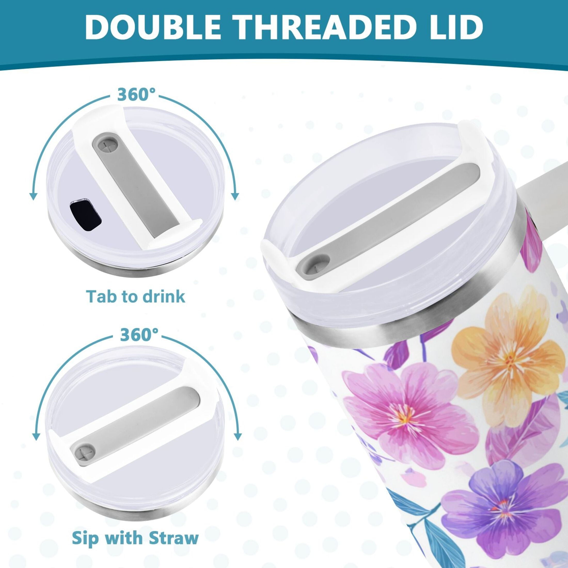 30 oz Insulated Stainless Steel Tumbler Double Wall Stainless Steel Tumbler with 2-Way Drinking Pink and Purple Flowers M424F