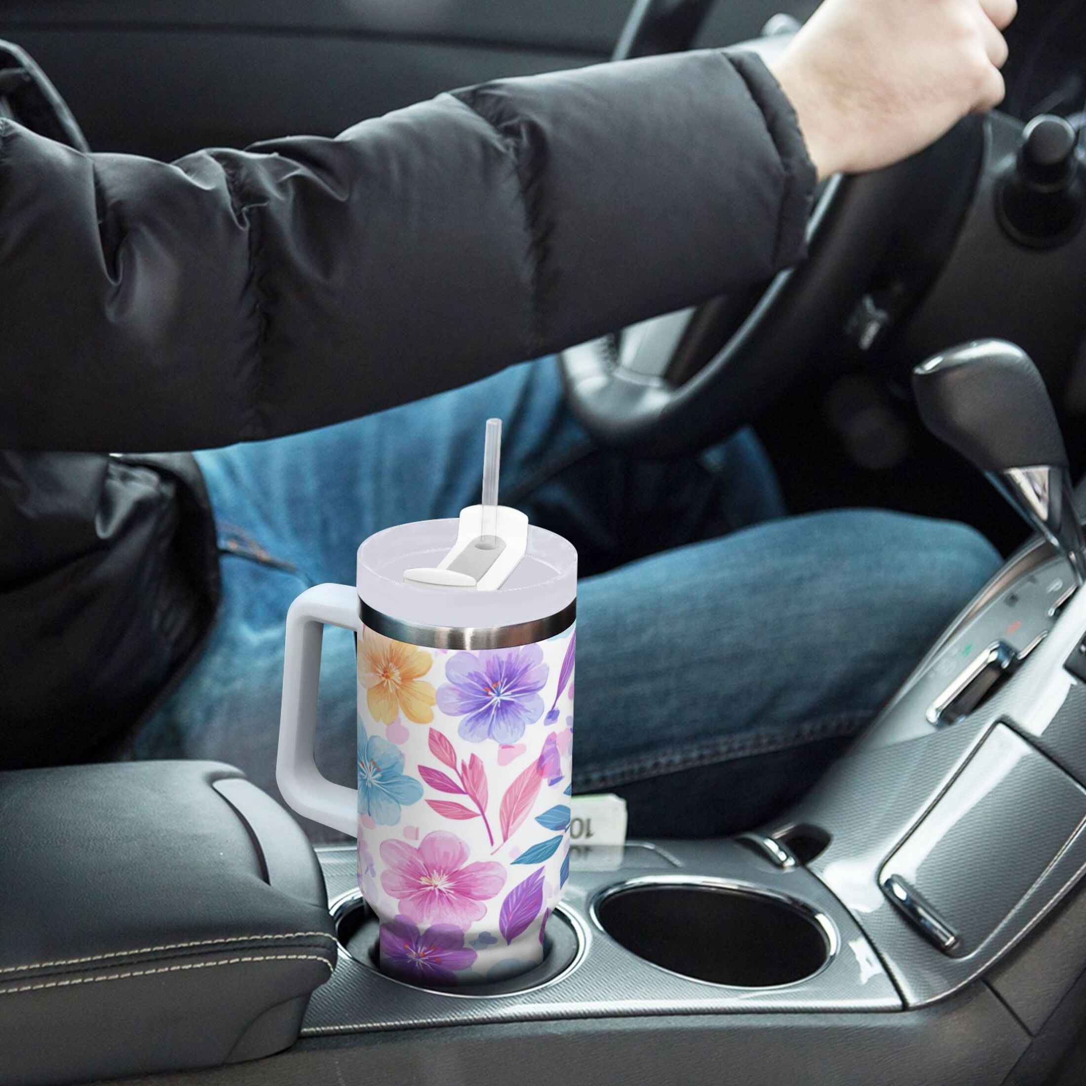 30 oz Insulated Stainless Steel Tumbler Double Wall Stainless Steel Tumbler with 2-Way Drinking Pink and Purple Flowers M424F