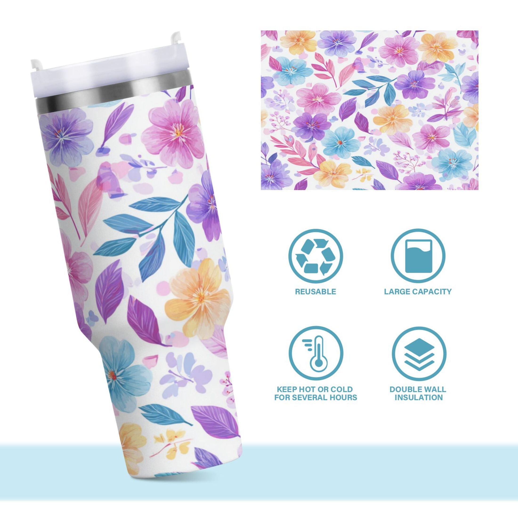 30 oz Insulated Stainless Steel Tumbler Double Wall Stainless Steel Tumbler with 2-Way Drinking Pink and Purple Flowers M424F