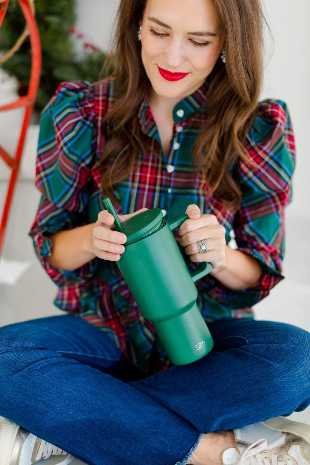 Simple Modern 30 fl oz Insulated Stainless Steel Trek Tumbler with Straw Lid | Seaglass Sage and Cream Checkmate M690P