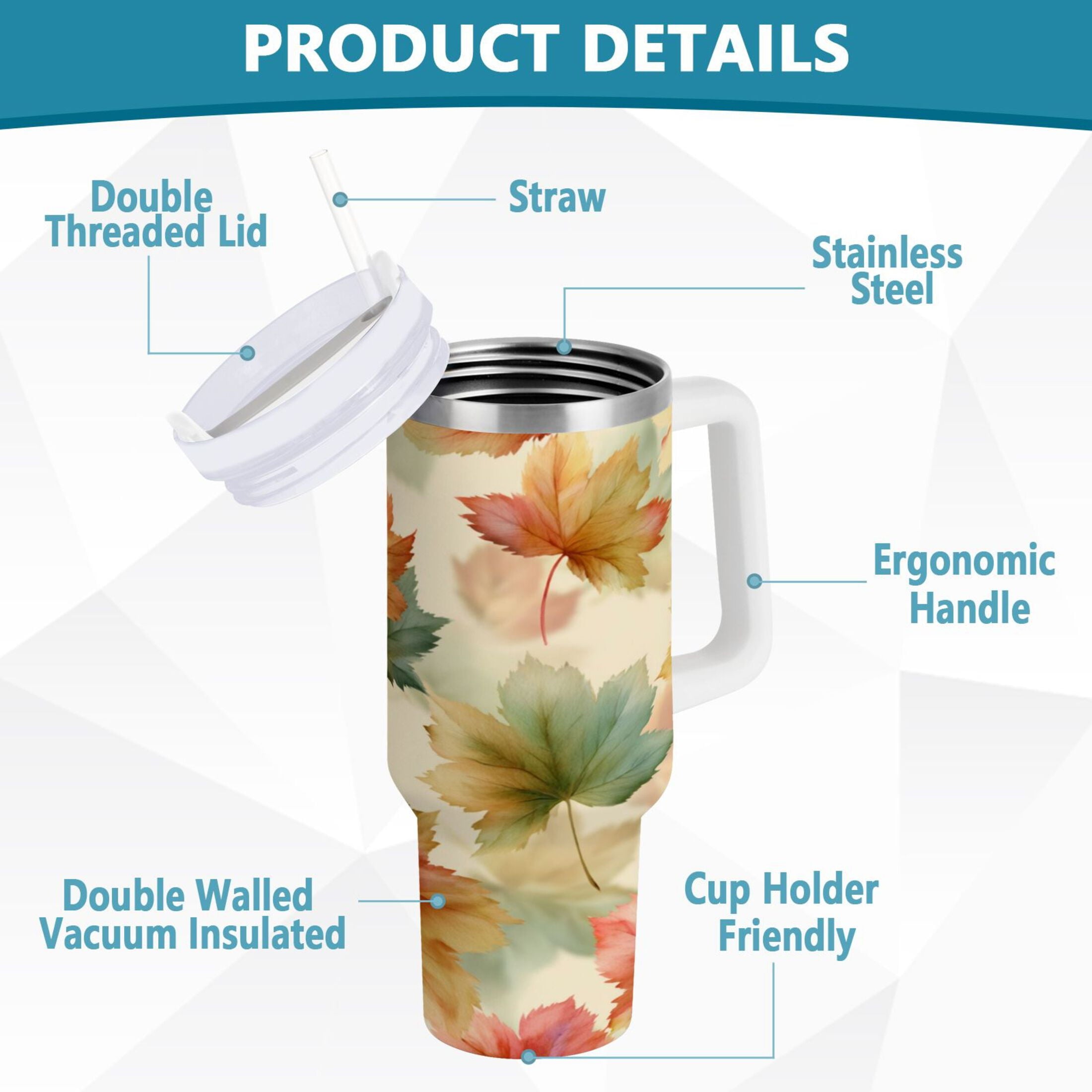 40 oz Insulated Stainless Steel Tumbler Double Wall Stainless Steel Tumbler with 2-Way Drinking Watercolor Maple Leaves Pattern M513P