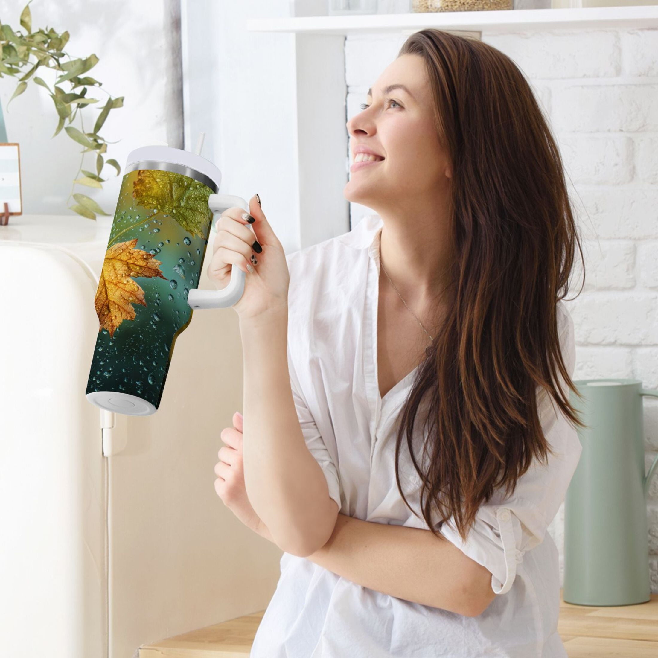 30 oz Insulated Stainless Steel Tumbler Double Wall Stainless Steel Tumbler with 2-Way Drinking Leaves with Water Droplets M500Q