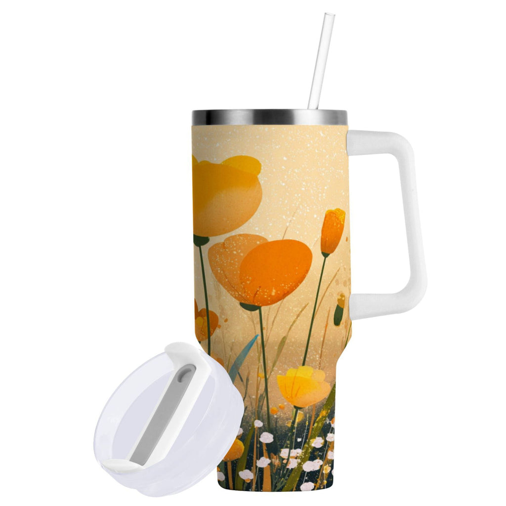 30 oz Insulated Stainless Steel Tumbler Double Wall Stainless Steel Tumbler with 2-Way Drinking Yellow Flowers on The Grass M594P