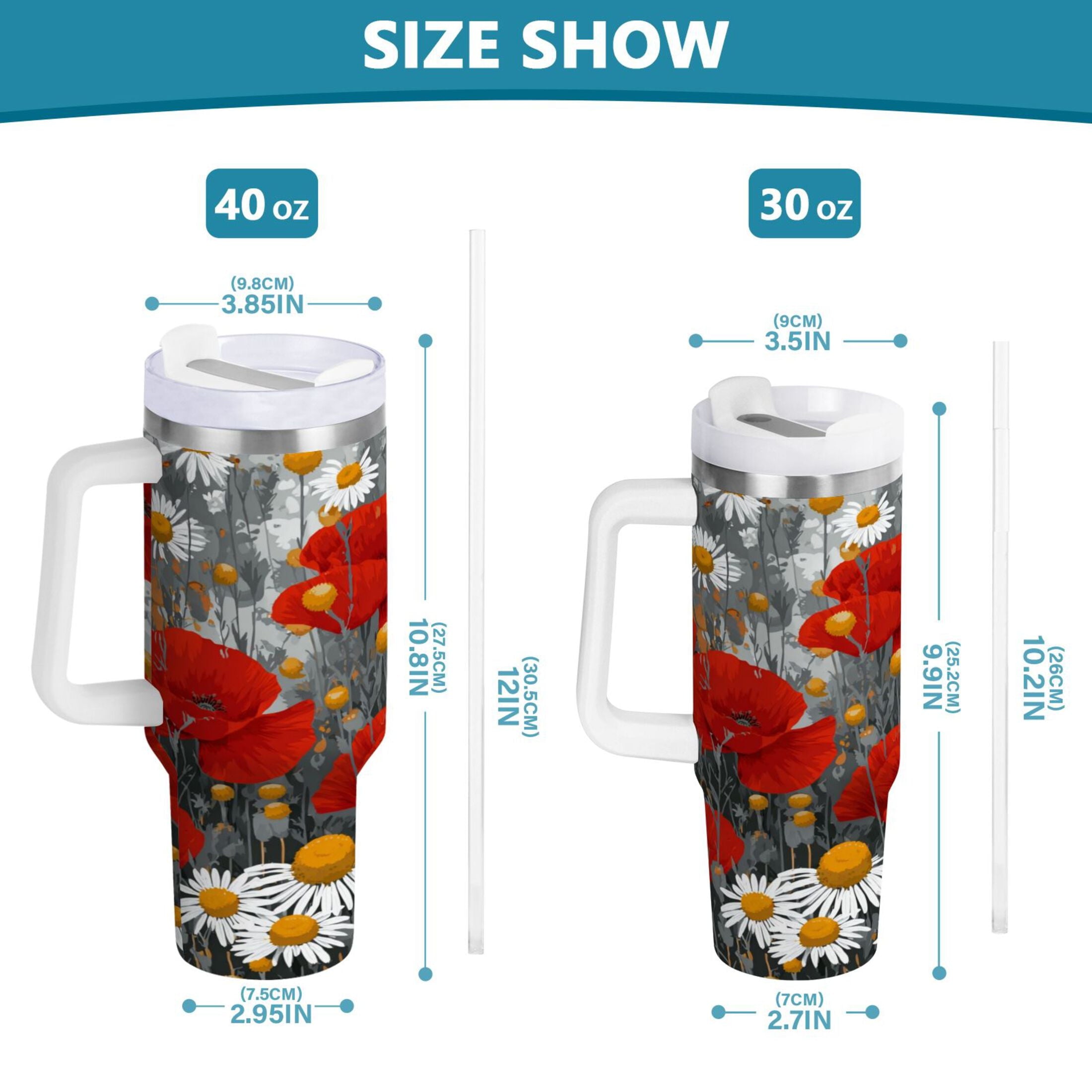 40 oz Insulated Stainless Steel Tumbler Double Wall Stainless Steel Tumbler with 2-Way Drinking Red Flowers and Daisies M498G